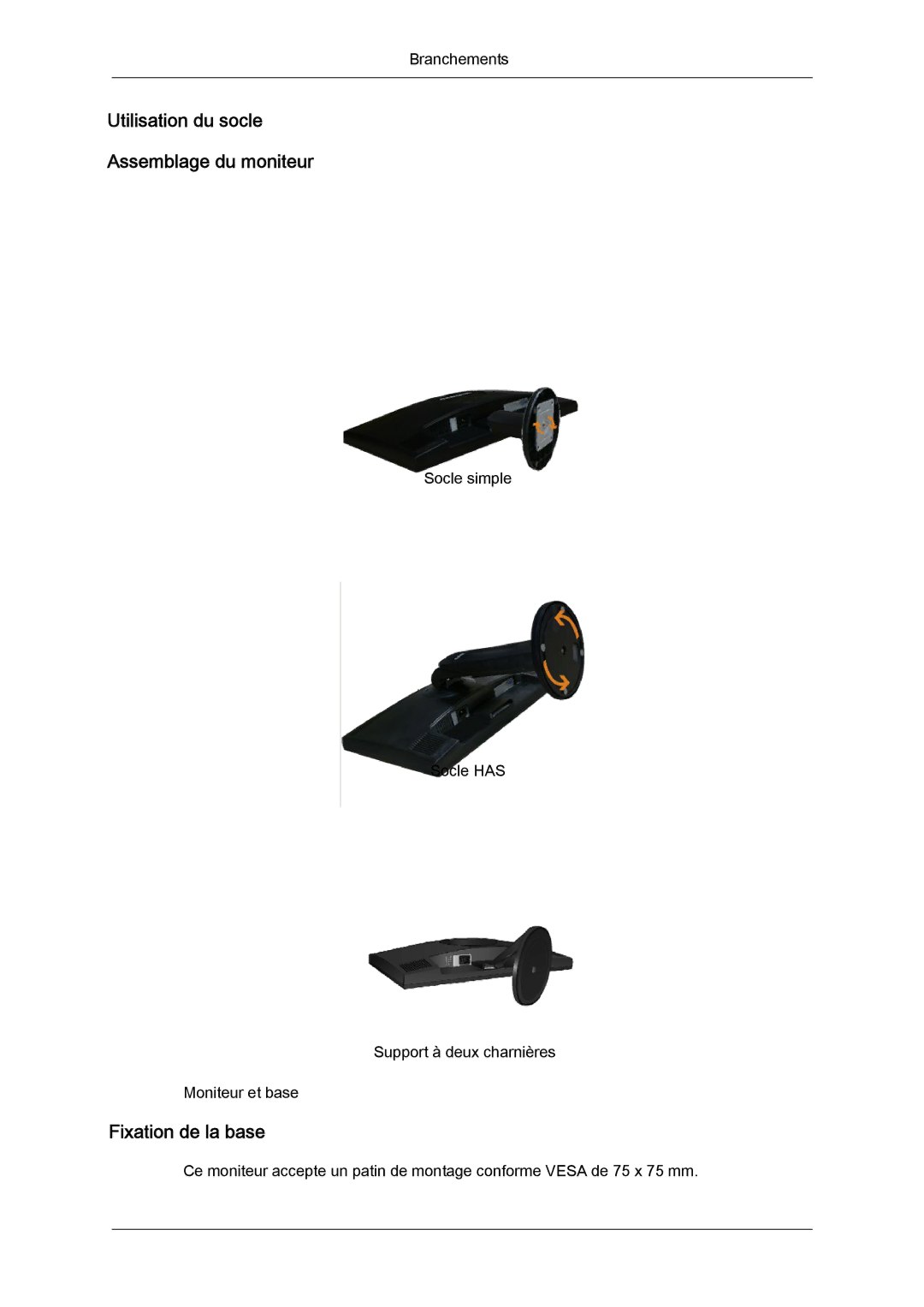 Samsung LS20MYYKBBA/EN, LS20MYYKBB/EDC, LS22MYYKBB/EDC Utilisation du socle Assemblage du moniteur, Fixation de la base 