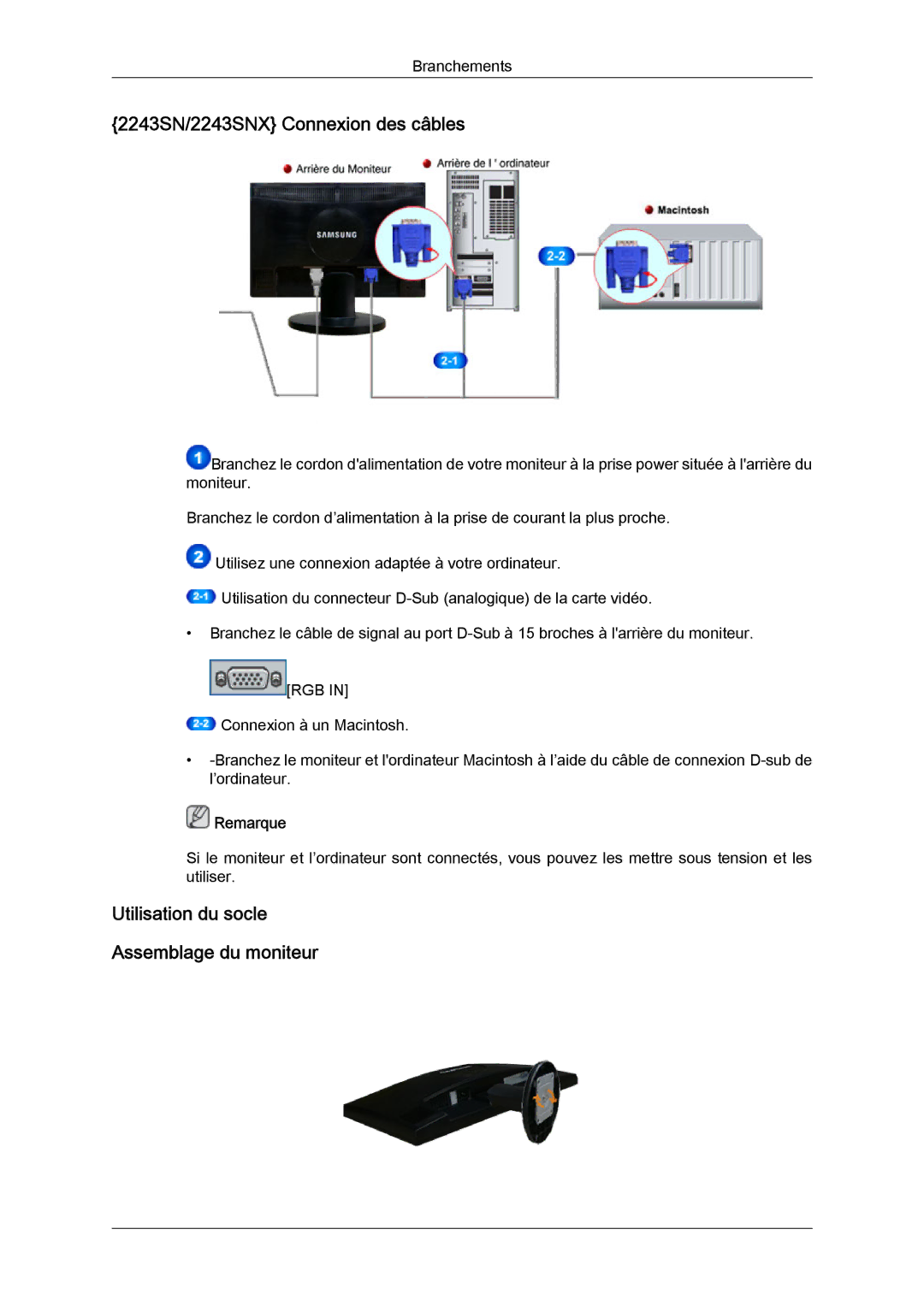 Samsung LS20MYYKBB/EDC, LS22MYYKBB/EDC, LS22MYLKF/EDC, LS20MYYKBBA/EN, LS22MYYKBBA/EN 2243SN/2243SNX Connexion des câbles 