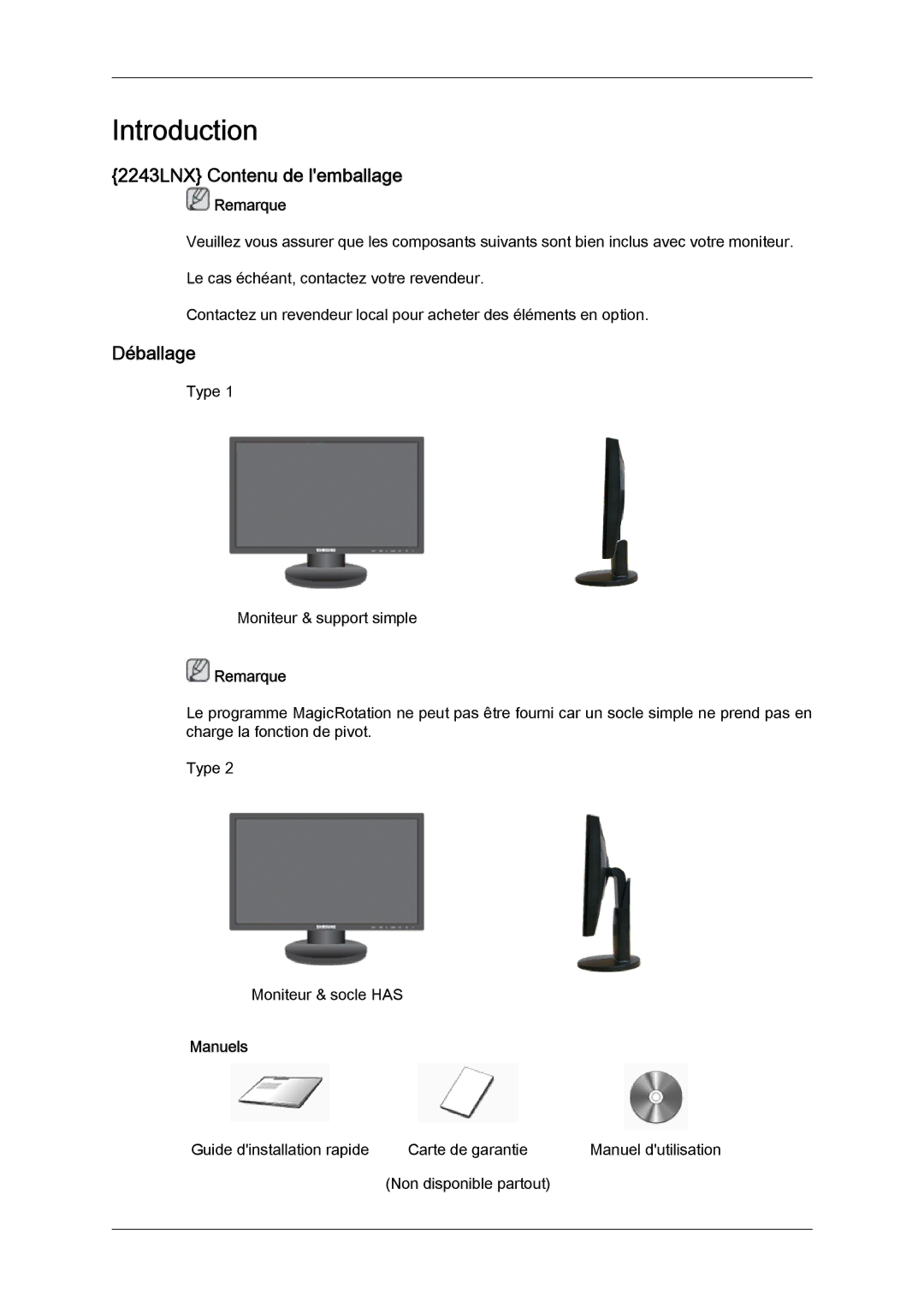 Samsung LS22MYLKF/EDC, LS20MYYKBB/EDC, LS22MYYKBB/EDC, LS20MYYKBBA/EN manual 2243LNX Contenu de lemballage, Déballage 