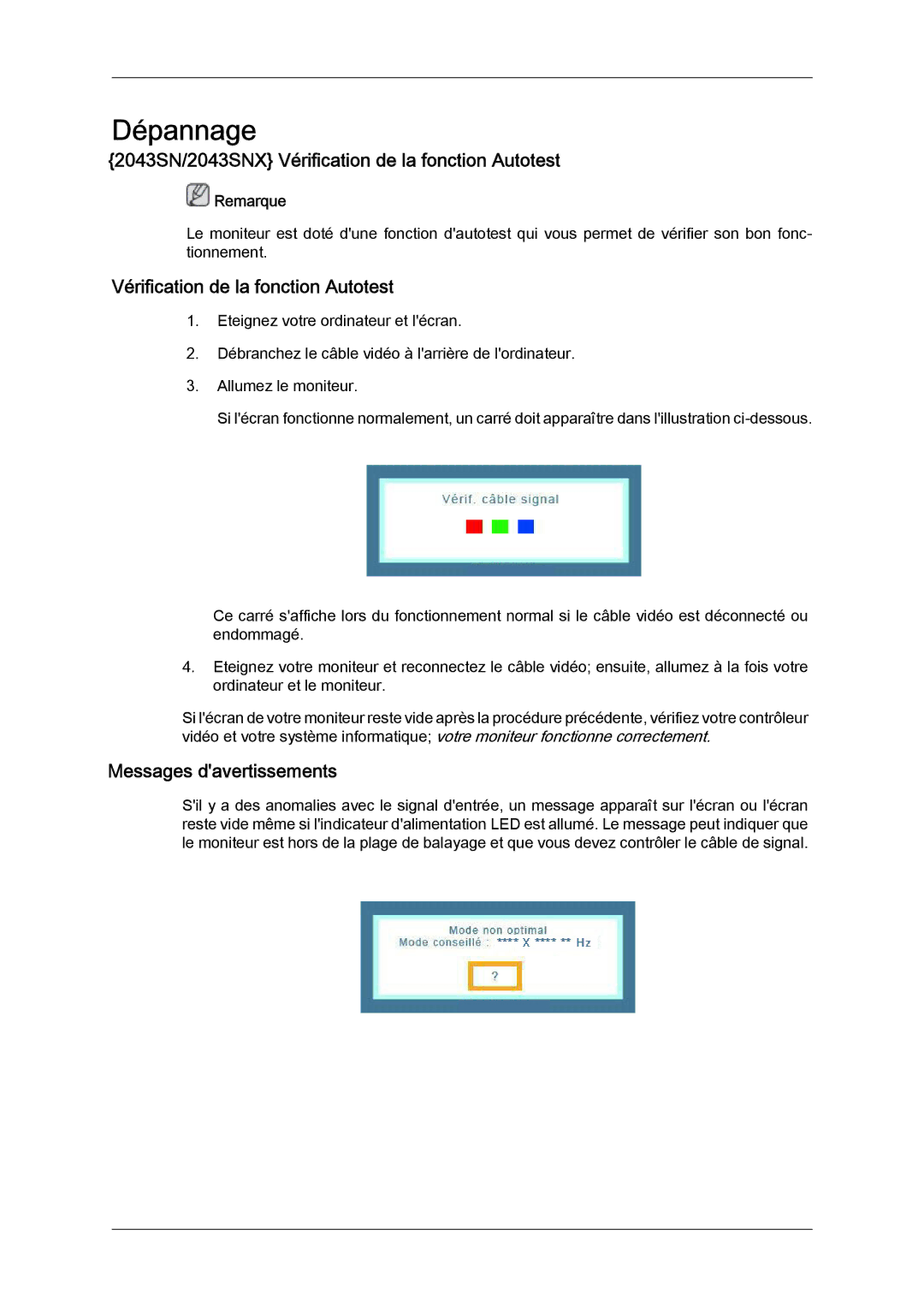 Samsung LS20MYYKBB/EDC, LS22MYYKBB/EDC manual 2043SN/2043SNX Vérification de la fonction Autotest, Messages davertissements 