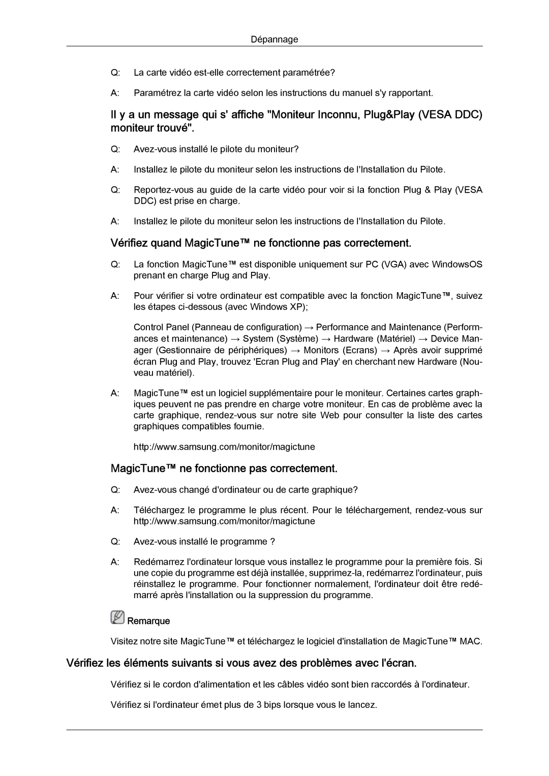 Samsung LS22MYYKBBA/EN, LS20MYYKBB/EDC, LS22MYYKBB/EDC manual Vérifiez quand MagicTune ne fonctionne pas correctement 