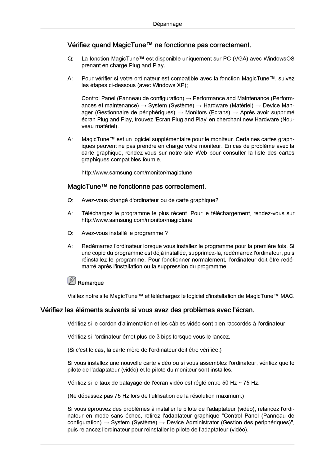 Samsung LS20MYYKBB/EDC, LS22MYYKBB/EDC, LS22MYLKF/EDC manual Vérifiez quand MagicTune ne fonctionne pas correctement 