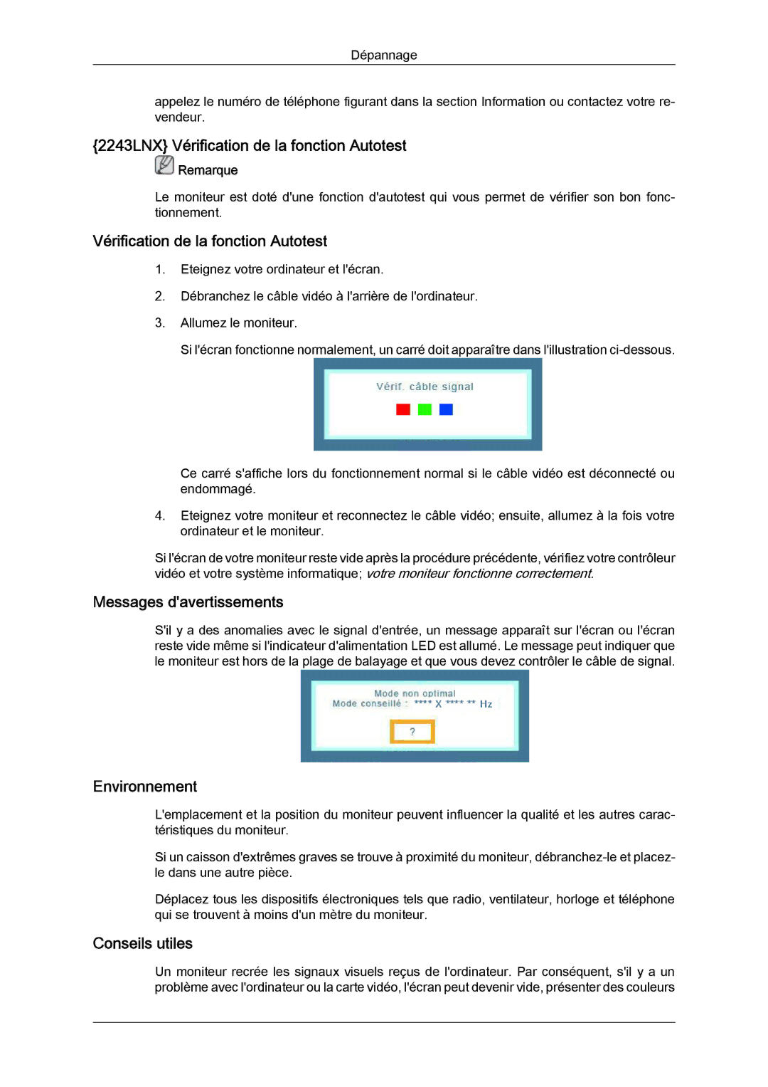 Samsung LS22MYLKF/EDC, LS20MYYKBB/EDC, LS22MYYKBB/EDC, LS20MYYKBBA/EN manual 2243LNX Vérification de la fonction Autotest 