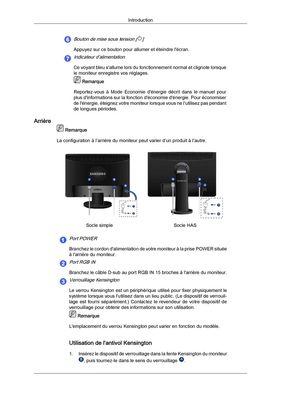 Samsung LS20MYYKBB/EDC, LS22MYYKBB/EDC, LS22MYLKF/EDC, LS20MYYKBBA/EN manual Arrière, Utilisation de lantivol Kensington 