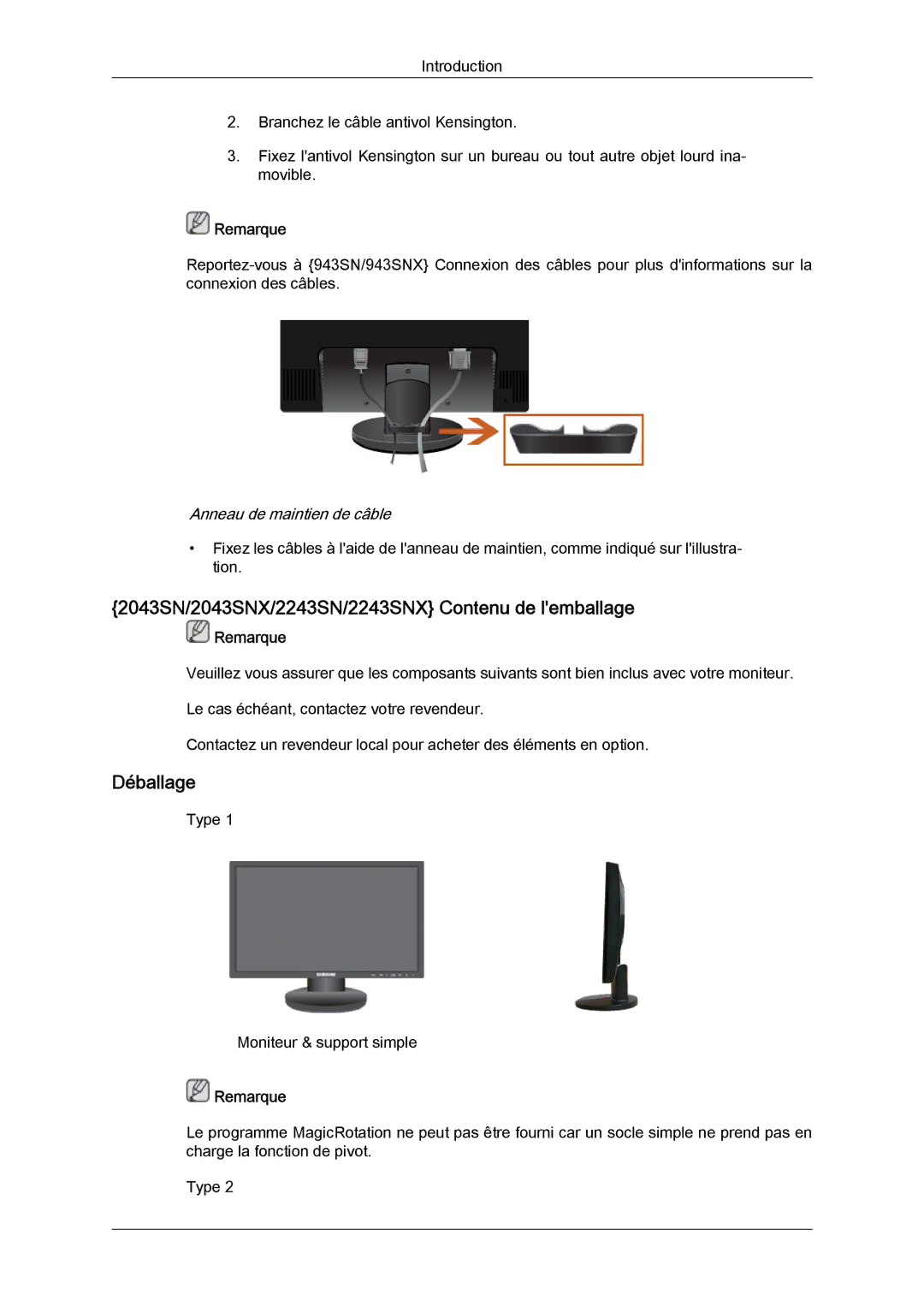 Samsung LS22MYYKBB/EDC, LS20MYYKBB/EDC, LS22MYLKF/EDC manual 2043SN/2043SNX/2243SN/2243SNX Contenu de lemballage, Déballage 