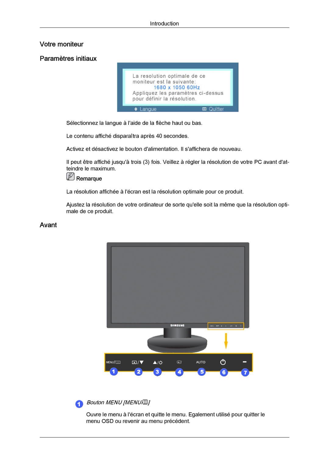 Samsung LS20MYYKBBA/EN, LS20MYYKBB/EDC, LS22MYYKBB/EDC, LS22MYLKF/EDC, LS22MYYKBBA/EN manual Votre moniteur Paramètres initiaux 