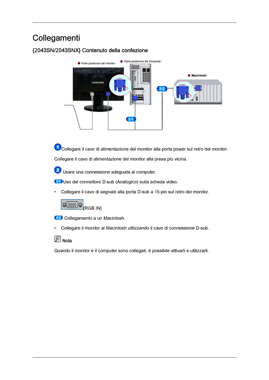 Samsung LS20MYYKBB/EDC, LS22MYYKBB/EDC, LS22MYLKF/EDC, LS22MYLKF/CLT Collegamenti, 2043SN/2043SNX Contenuto della confezione 