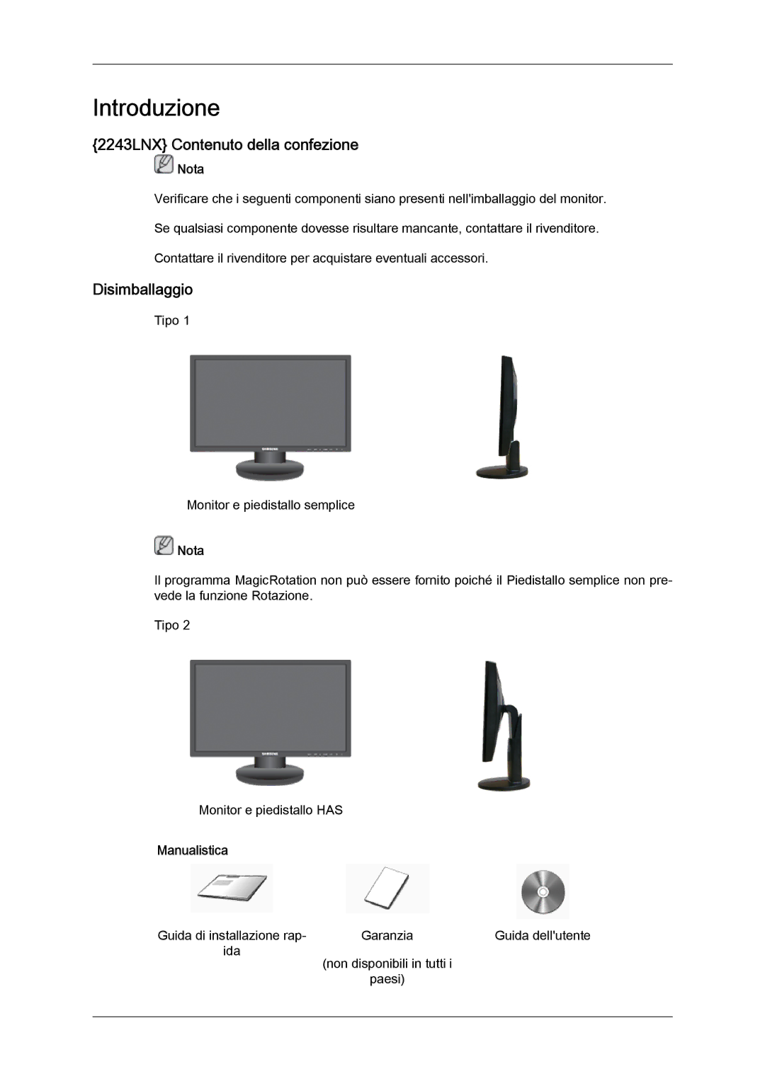 Samsung LS22MYLKF/EDC, LS20MYYKBB/EDC, LS22MYYKBB/EDC, LS20MYYKBBA/EN 2243LNX Contenuto della confezione, Disimballaggio 