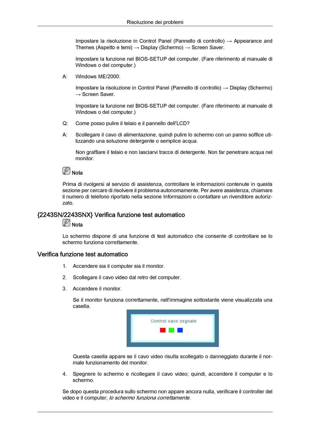 Samsung LS22MYLKF/EDC, LS20MYYKBB/EDC, LS22MYYKBB/EDC, LS20MYYKBBA/EN manual 2243SN/2243SNX Verifica funzione test automatico 