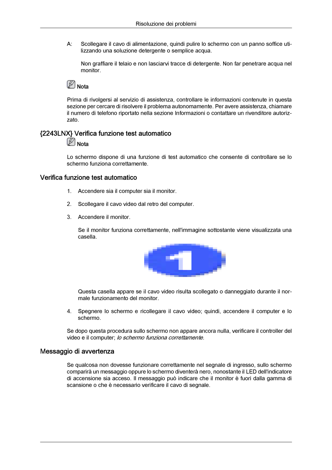 Samsung LS22MYLKF/EDC, LS20MYYKBB/EDC, LS22MYYKBB/EDC, LS20MYYKBBA/EN manual 2243LNX Verifica funzione test automatico 