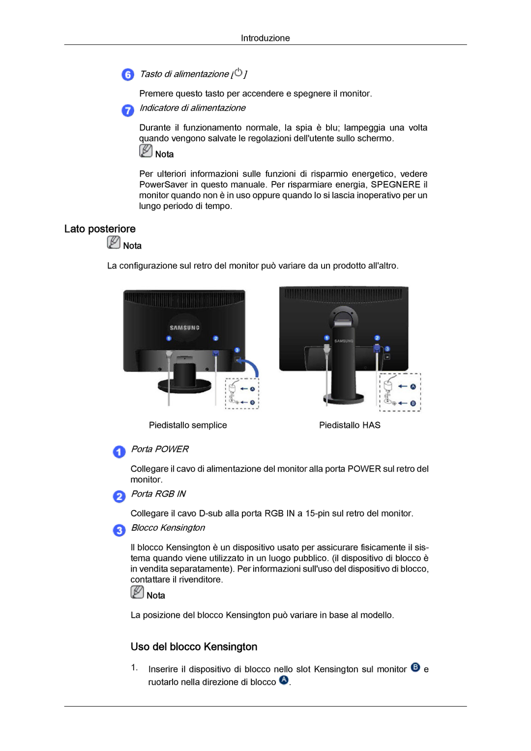 Samsung LS22MYLKF/CLT, LS20MYYKBB/EDC, LS22MYYKBB/EDC, LS22MYLKF/EDC manual Lato posteriore, Uso del blocco Kensington 