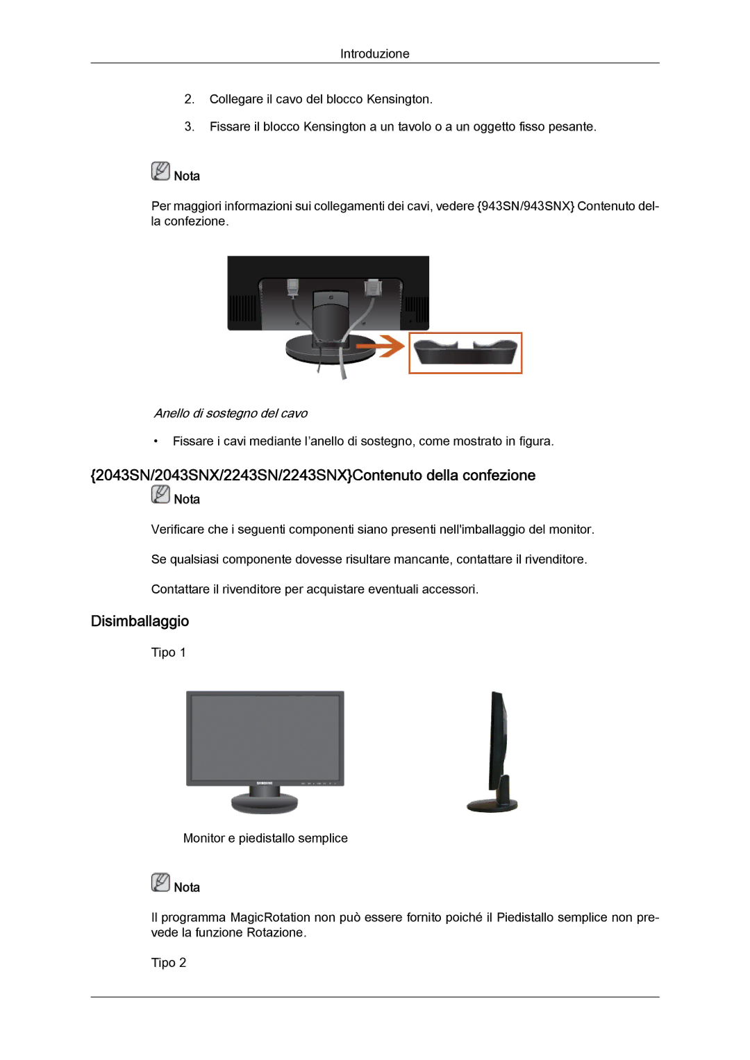 Samsung LS20MYYKBB/EDC, LS22MYYKBB/EDC manual 2043SN/2043SNX/2243SN/2243SNXContenuto della confezione, Disimballaggio 