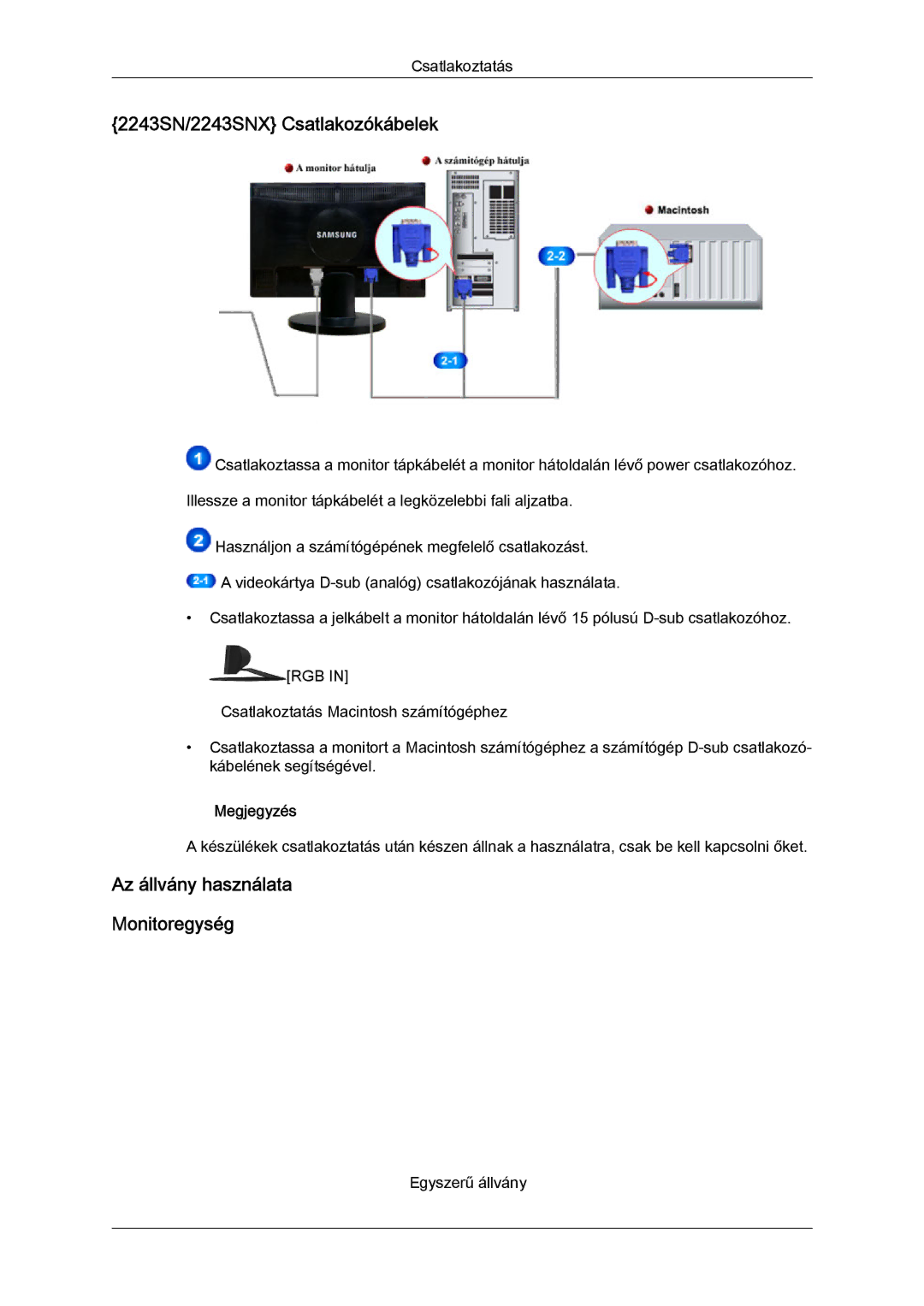 Samsung LS22MYLKF/EDC, LS20MYYKBB/EDC, LS22MYYKBB/EDC, LS20MYYKBBA/EN, LS22MYYKBBA/EN manual 2243SN/2243SNX Csatlakozókábelek 