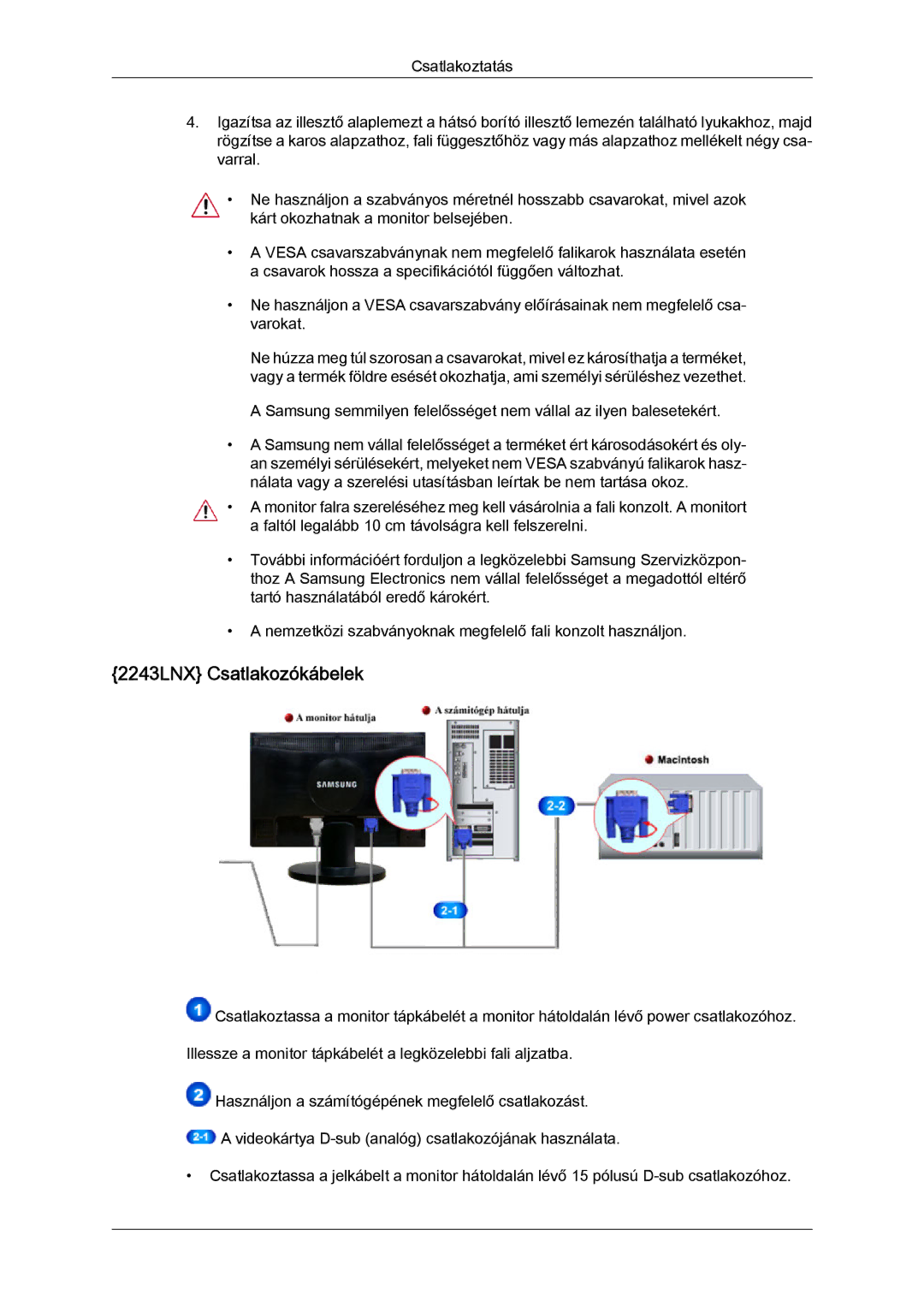 Samsung LS22MYYKBBA/EN, LS20MYYKBB/EDC, LS22MYYKBB/EDC, LS22MYLKF/EDC, LS20MYYKBBA/EN manual 2243LNX Csatlakozókábelek 