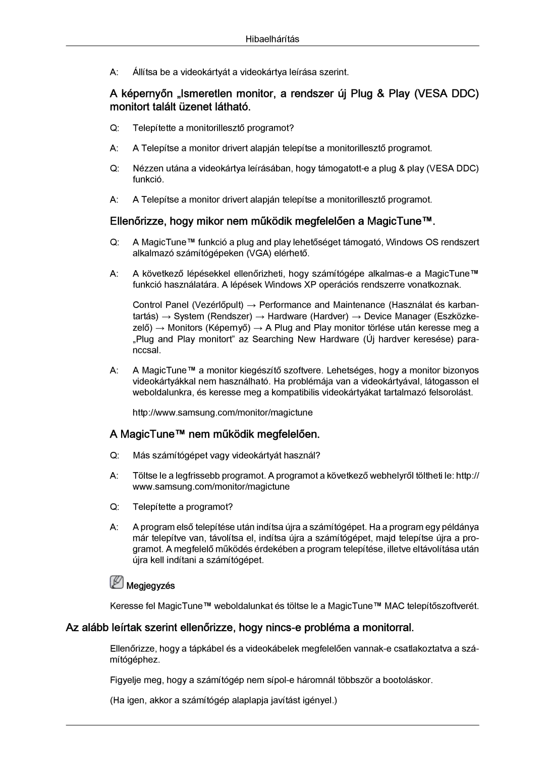 Samsung LS22MYLKFZ/EDC, LS20MYYKBB/EDC, LS22MYYKBB/EDC manual Ellenőrizze, hogy mikor nem működik megfelelően a MagicTune 