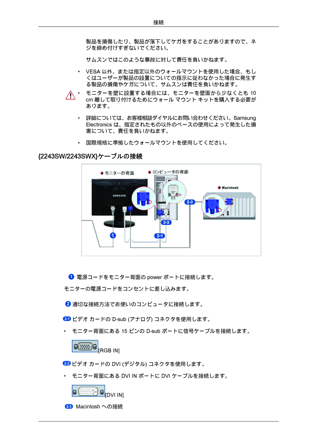 Samsung LS22MYZKBQ/XSJ, LS20MYZKBQ/XSJ manual 2243SW/2243SWXケーブルの接続 