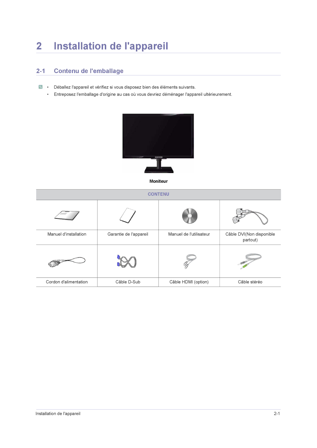 Samsung LS23NVMAB5/EN, LS20NVMAB5/EN manual Installation de lappareil, Contenu de lemballage 