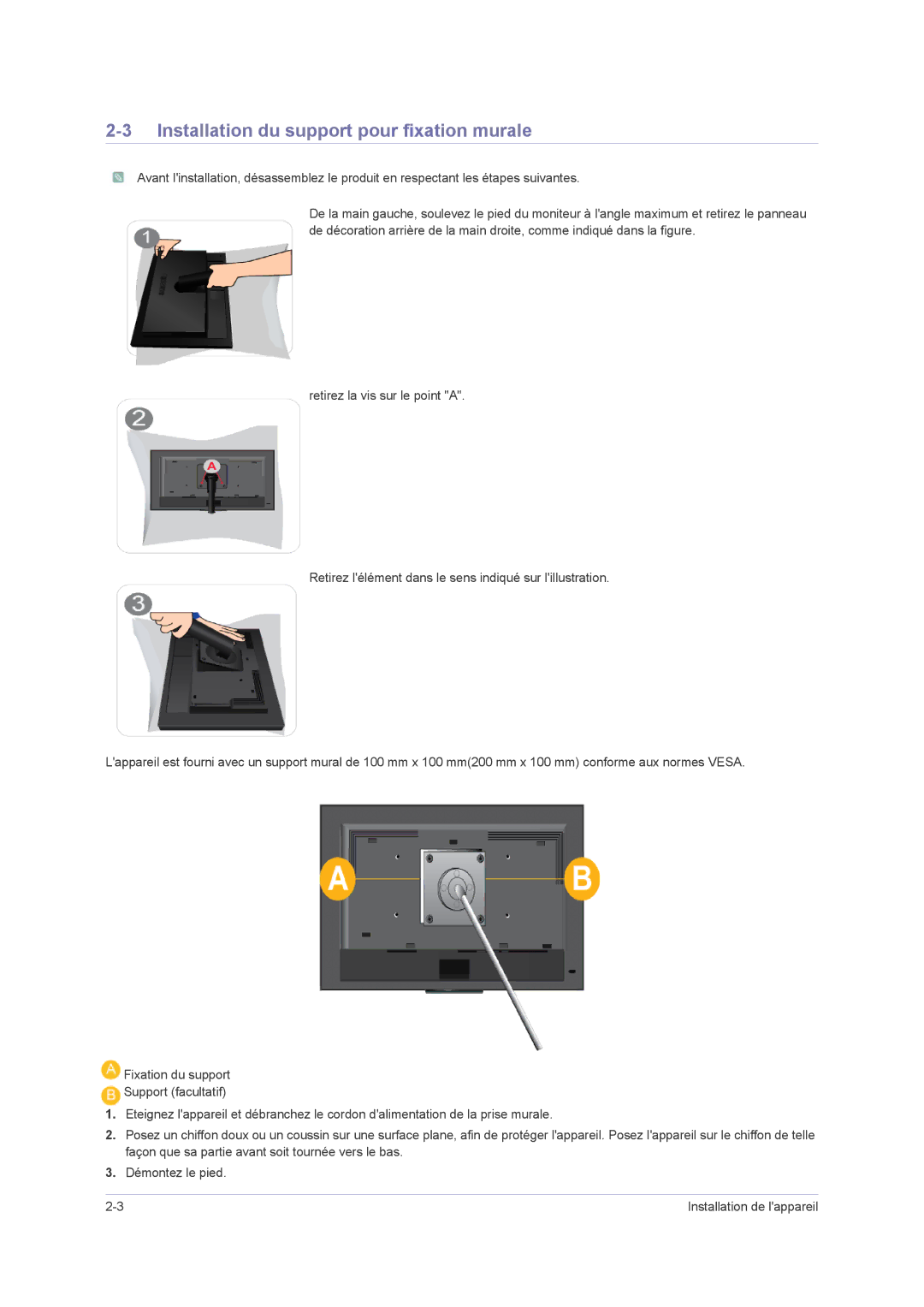 Samsung LS20NVMAB5/EN, LS23NVMAB5/EN manual Installation du support pour fixation murale 