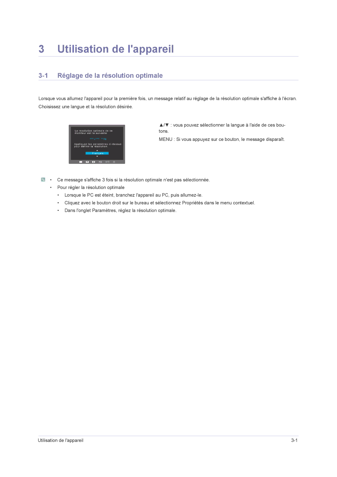 Samsung LS23NVMAB5/EN, LS20NVMAB5/EN manual Utilisation de lappareil, Réglage de la résolution optimale 