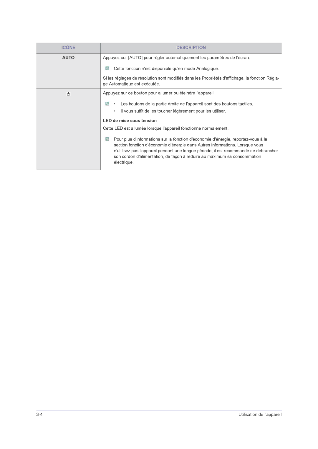 Samsung LS20NVMAB5/EN, LS23NVMAB5/EN manual Auto, LED de mise sous tension 