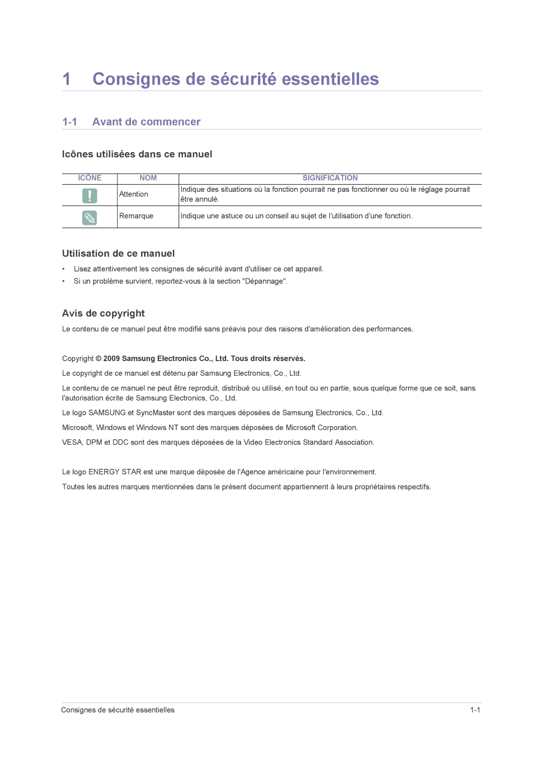 Samsung LS23NVMAB5/EN manual Consignes de sécurité essentielles, Avant de commencer, Icônes utilisées dans ce manuel 