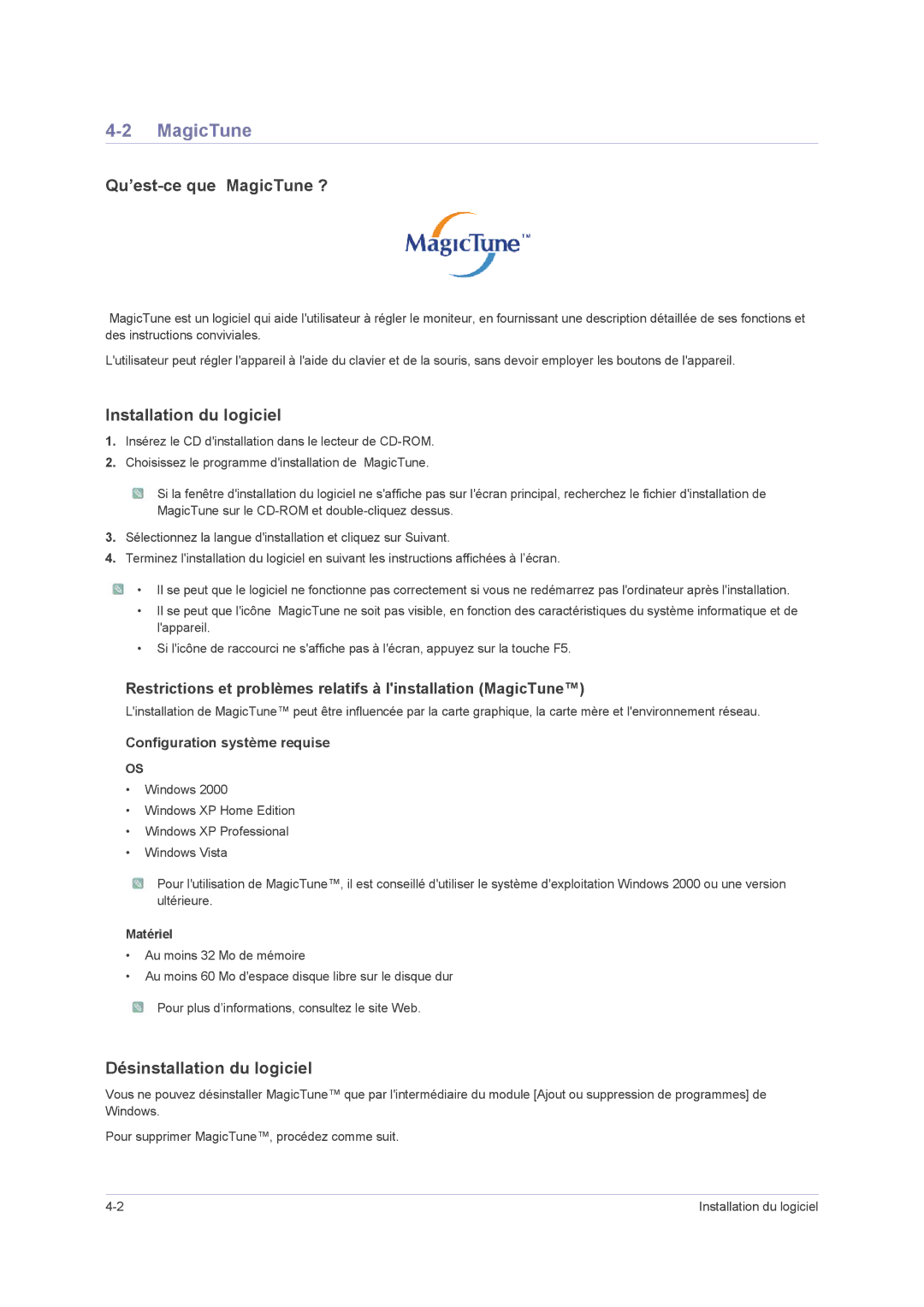 Samsung LS20NVMAB5/EN manual Qu’est-ce que MagicTune ?, Installation du logiciel, Désinstallation du logiciel, Matériel 