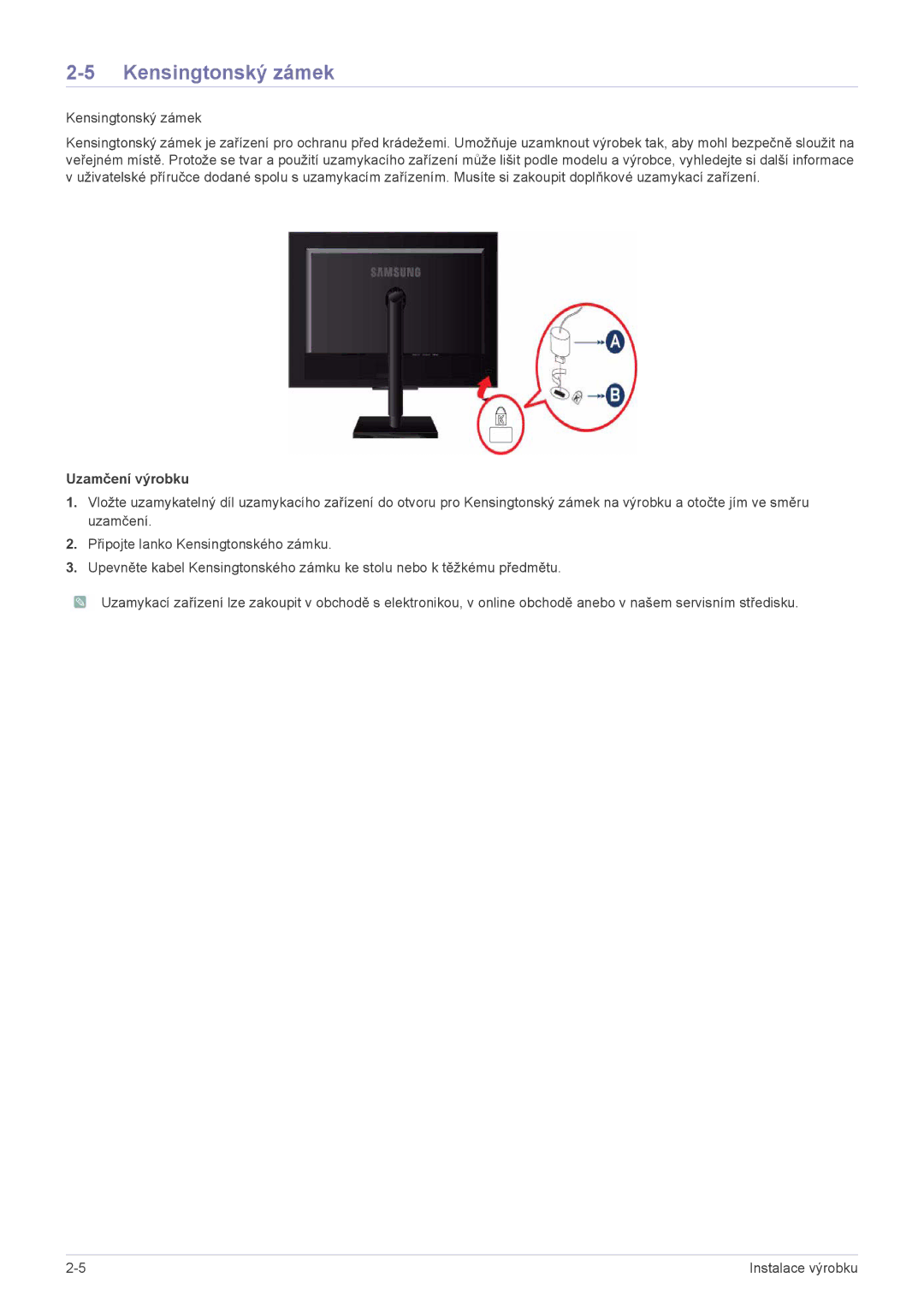 Samsung LS20NVTABW/ZA, LS23NVTABW/EN, LS20NVTABW/EN, LS20NVTAB5/EN, LS23NVTAB5/EN manual Kensingtonský zámek, Uzamčení výrobku 