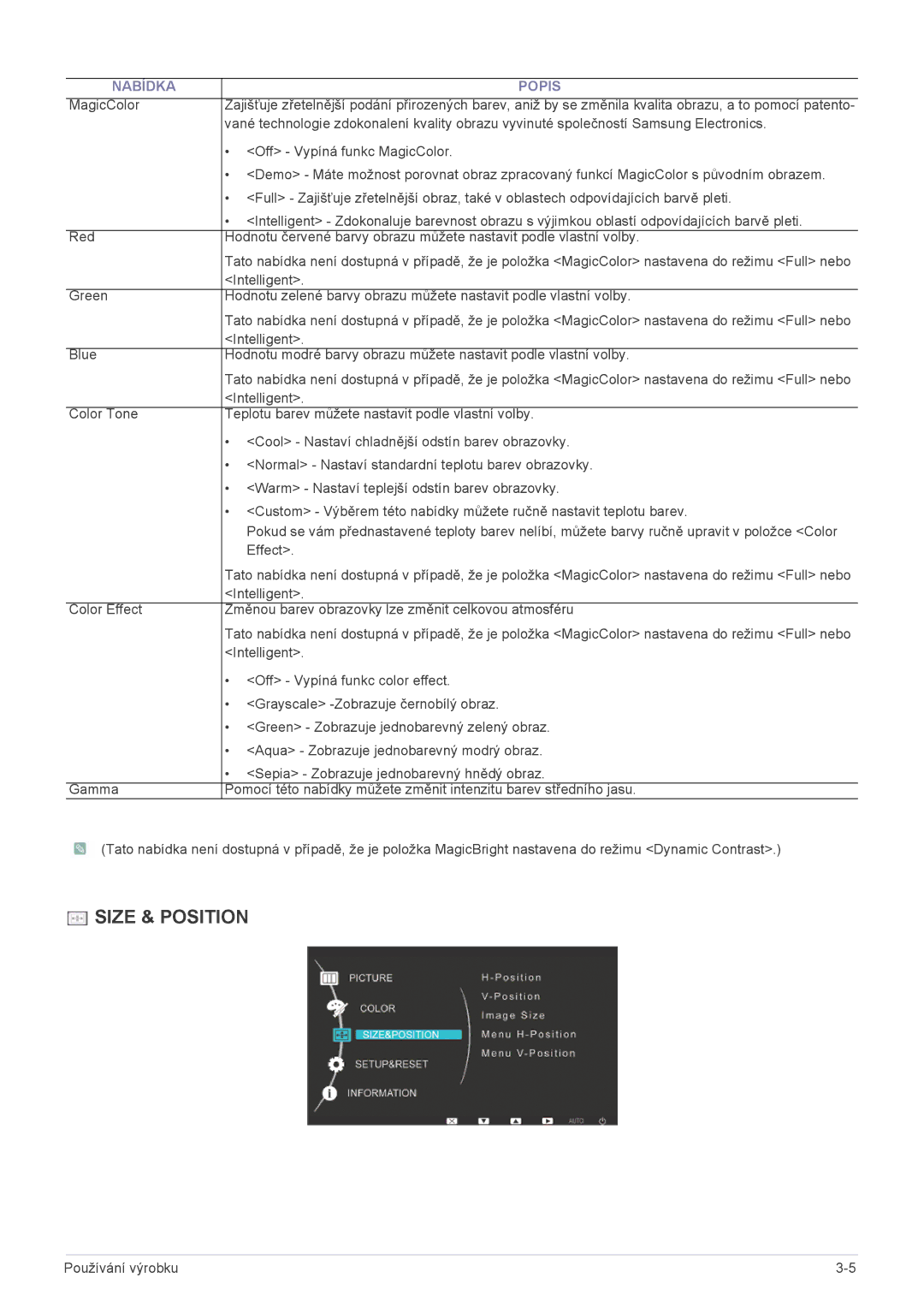 Samsung LS23NVTAB5/EN, LS20NVTABW/ZA, LS23NVTABW/EN, LS20NVTABW/EN, LS20NVTAB5/EN manual Size & Position 