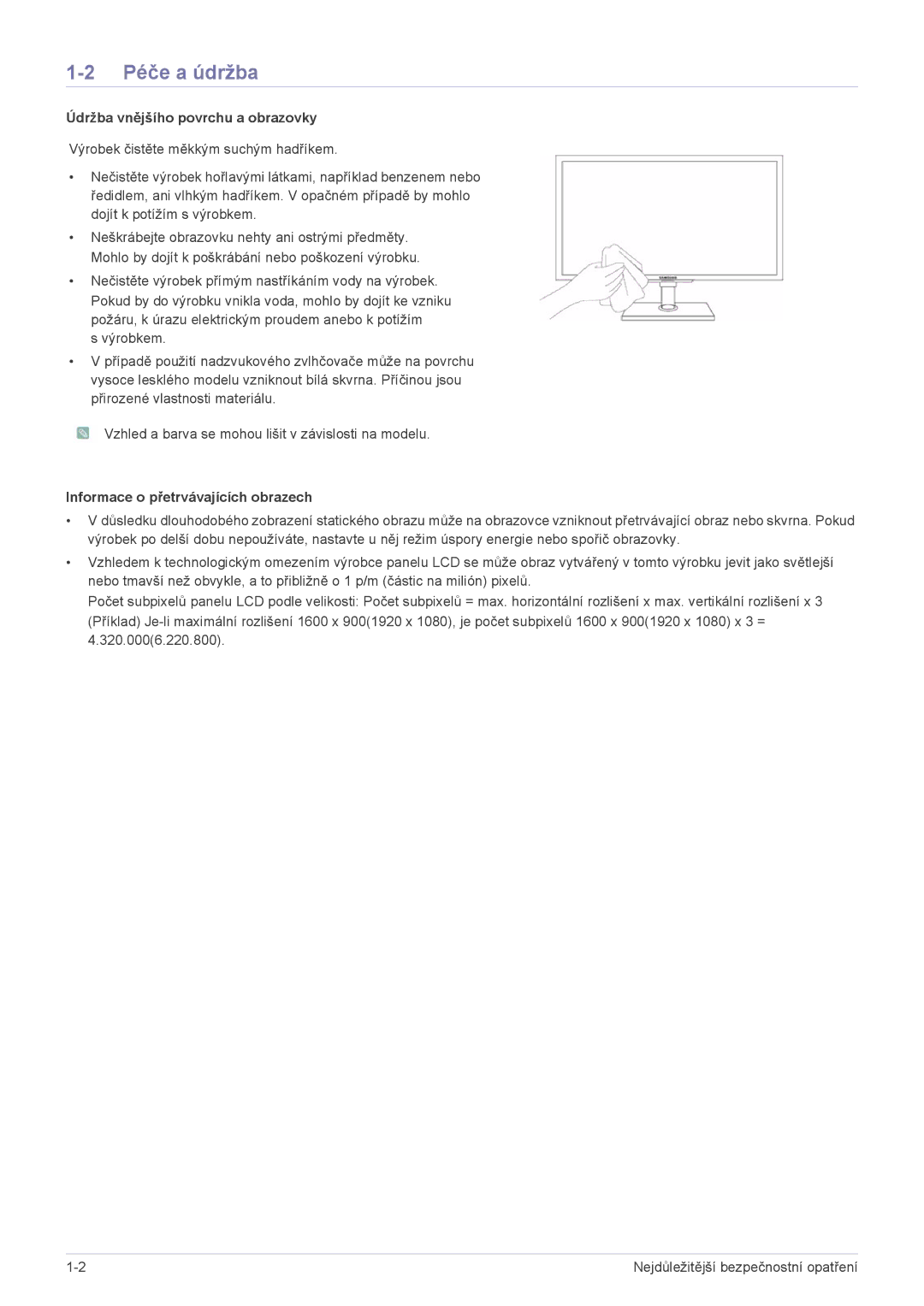 Samsung LS23NVTABW/EN manual Péče a údržba, Údržba vnějšího povrchu a obrazovky, Informace o přetrvávajících obrazech 