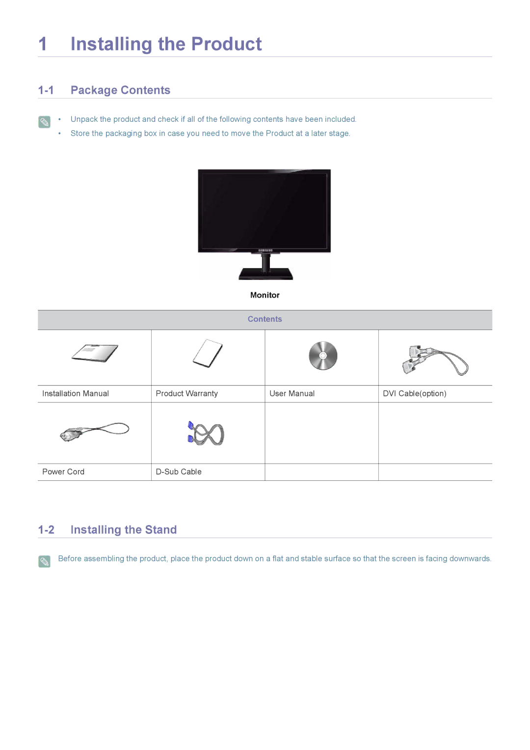 Samsung LS23NVTABW/ZA, LS20NVTABW/ZA, LS23NVTABW/EN, LS20NVTABW/EN, LS20NVTAB5/EN manual Package Contents, Installing the Stand 