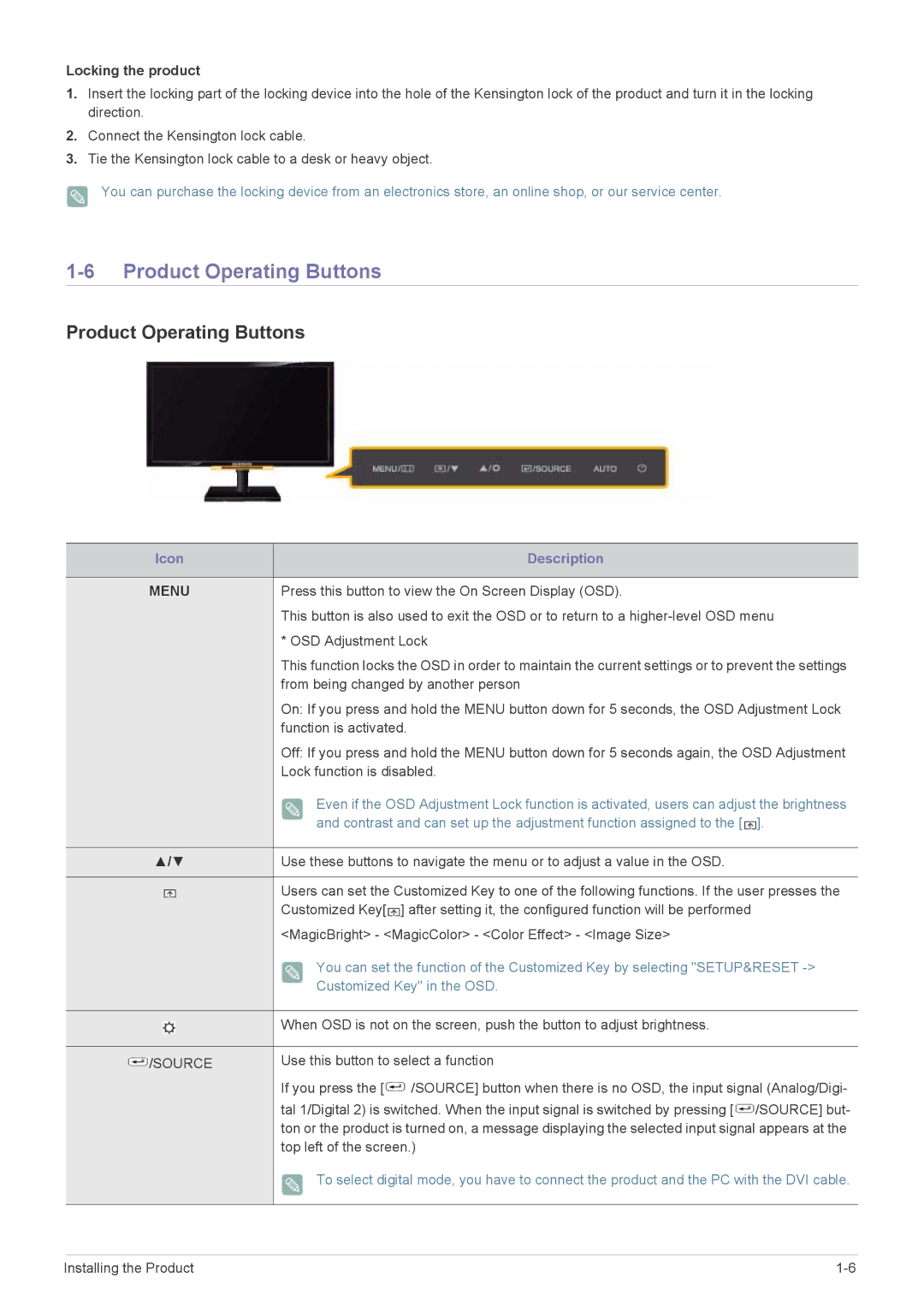 Samsung LS23NVTABW/ZA manual Product Operating Buttons, Contrast and can set up the adjustment function assigned to 