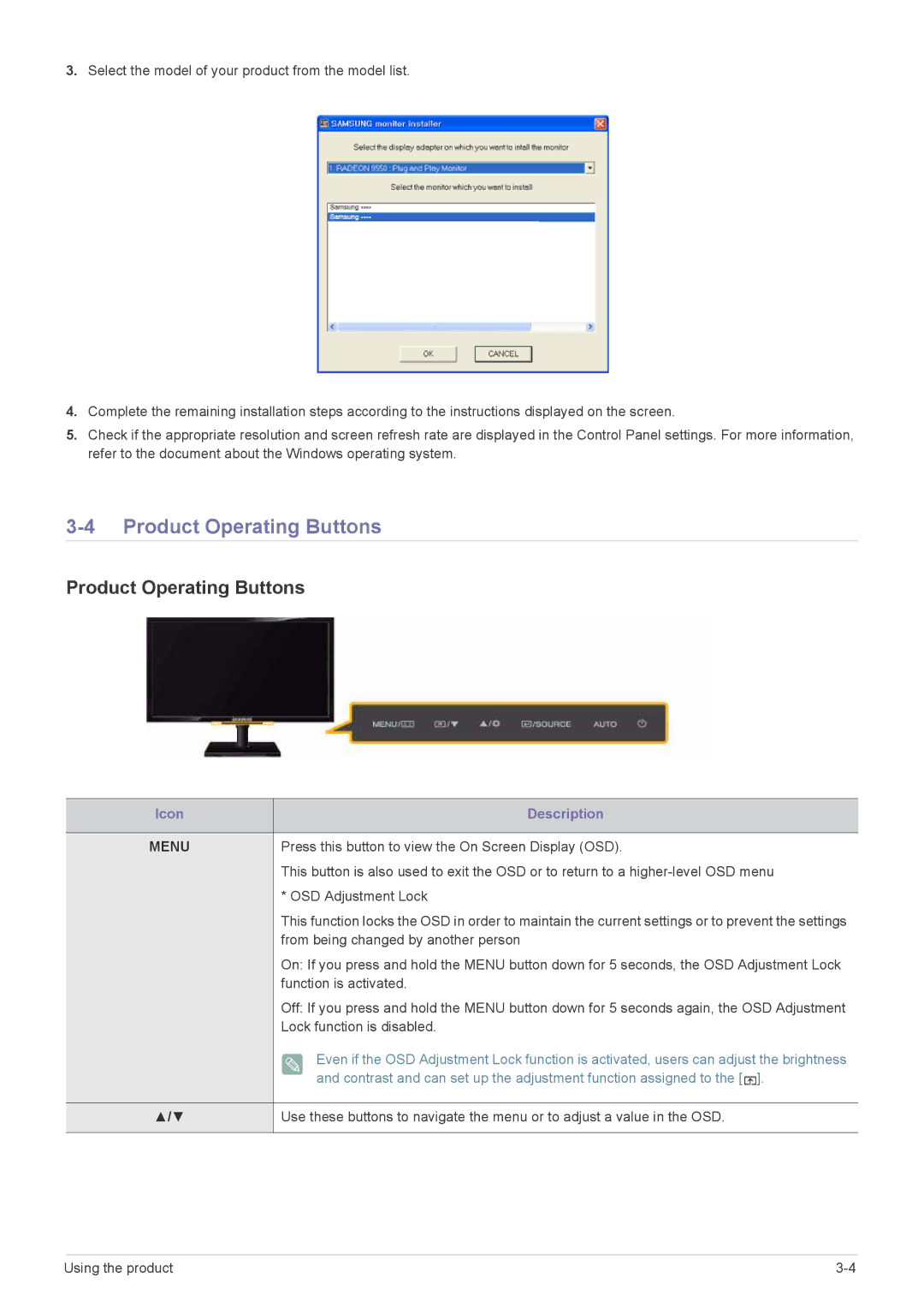 Samsung LS23NVTAB5/EN, LS20NVTABW/ZA, LS23NVTABW/EN, LS23NVTABW/ZA, LS20NVTABW/EN Product Operating Buttons, Icon Description 