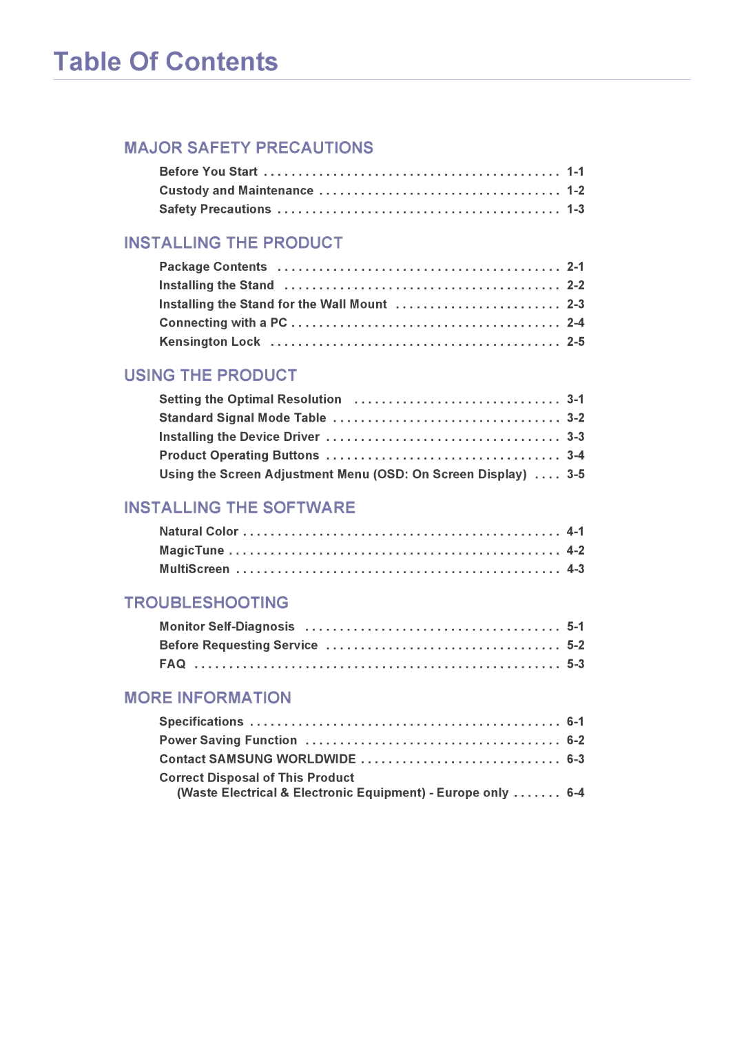 Samsung LS20NVTABW/EN, LS20NVTABW/ZA, LS23NVTABW/EN, LS23NVTABW/ZA, LS20NVTAB5/EN, LS23NVTAB5/EN manual Table Of Contents 