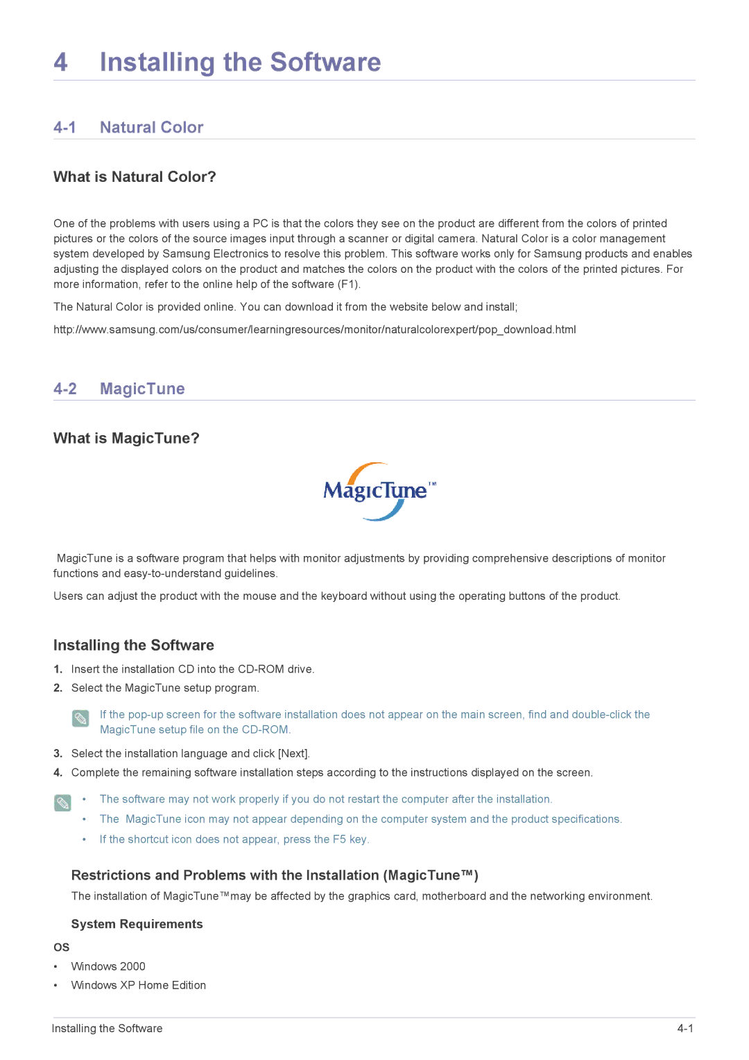 Samsung LS23NVTABW/EN, LS20NVTABW/ZA, LS23NVTABW/ZA, LS20NVTABW/EN manual Installing the Software, Natural Color, MagicTune 