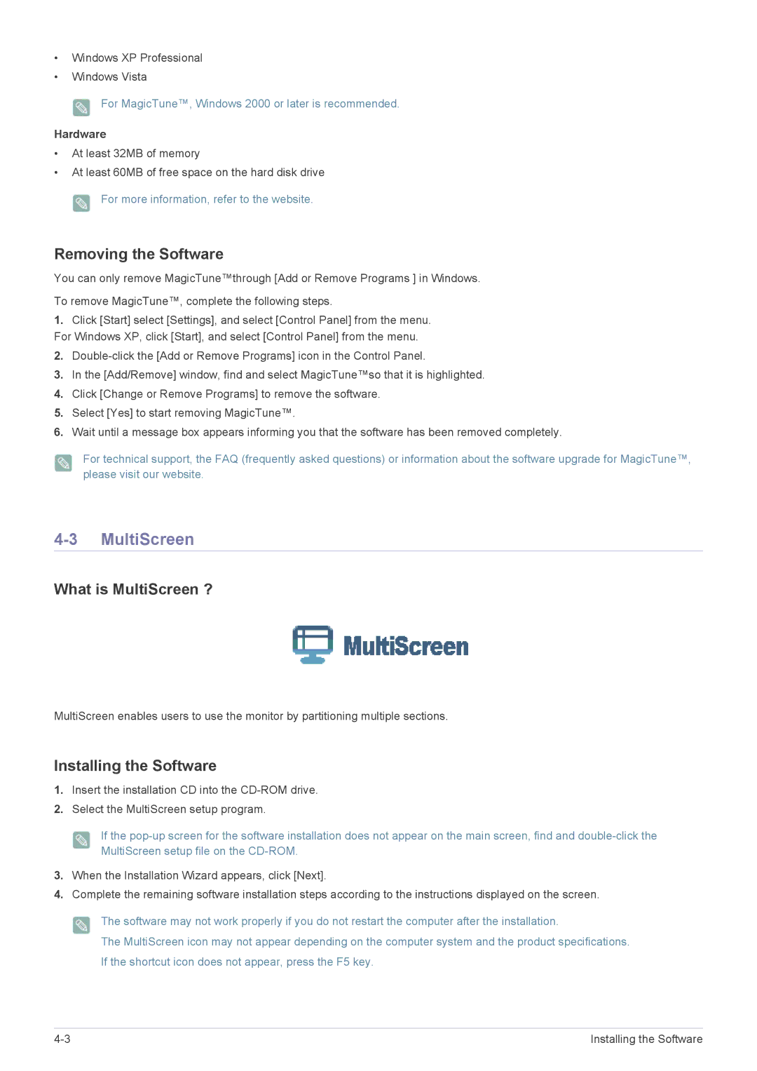 Samsung LS23NVTABW/ZA, LS20NVTABW/ZA, LS23NVTABW/EN manual Removing the Software, What is MultiScreen ?, Hardware 