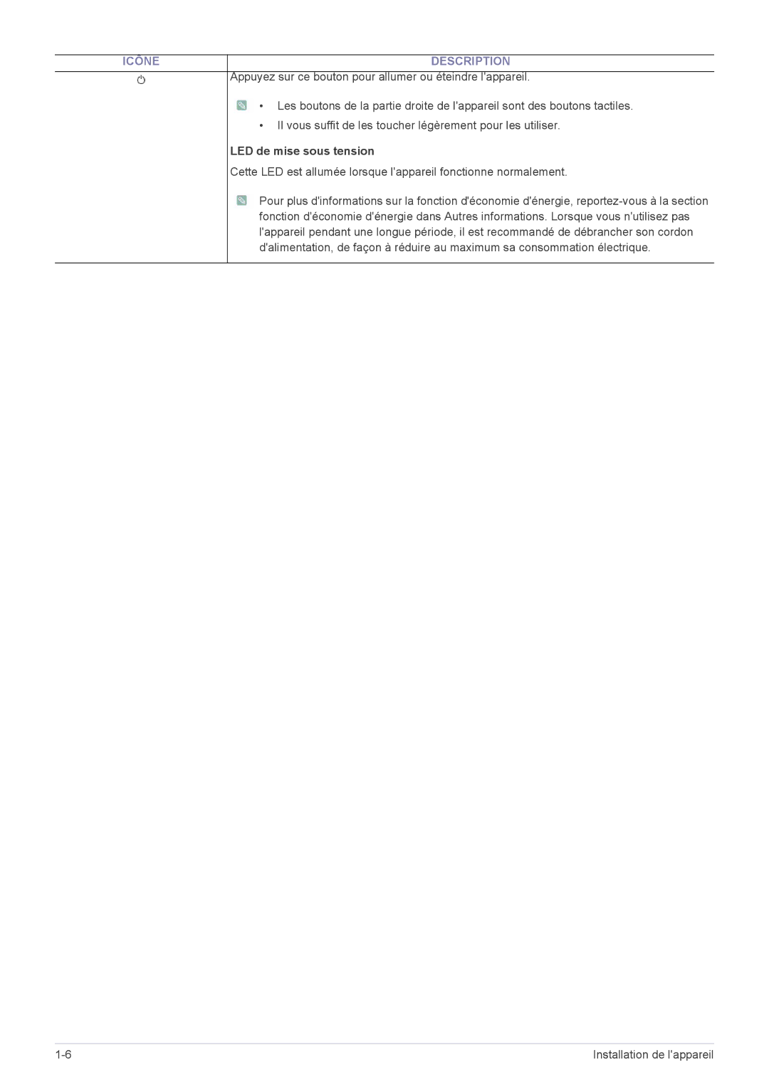 Samsung LS20NVTABW/EN, LS20NVTABW/ZA, LS23NVTABW/EN, LS23NVTABW/ZA manual LED de mise sous tension 