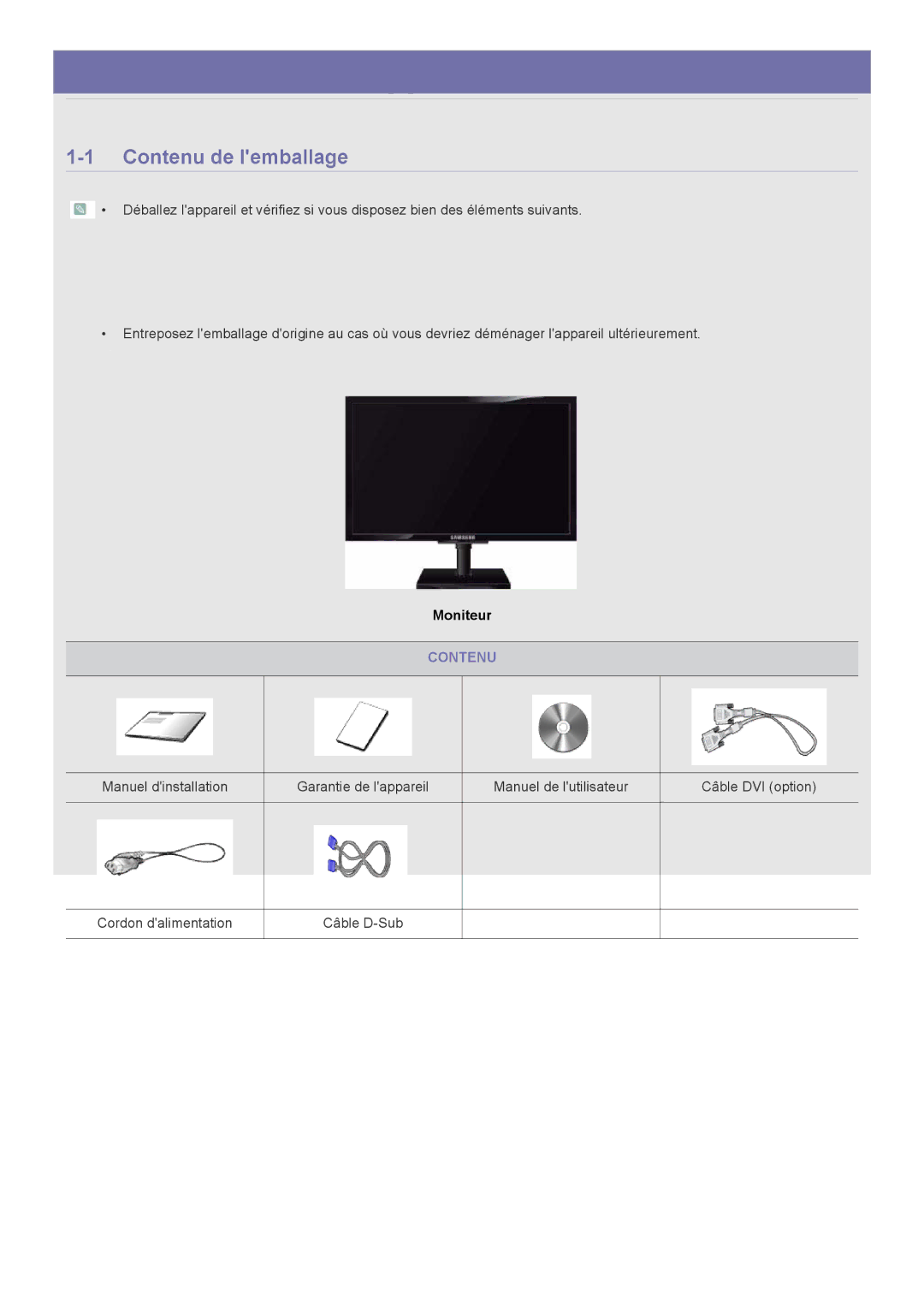 Samsung LS23NVTABW/ZA, LS20NVTABW/ZA, LS23NVTABW/EN, LS20NVTABW/EN manual Contenu de lemballage 