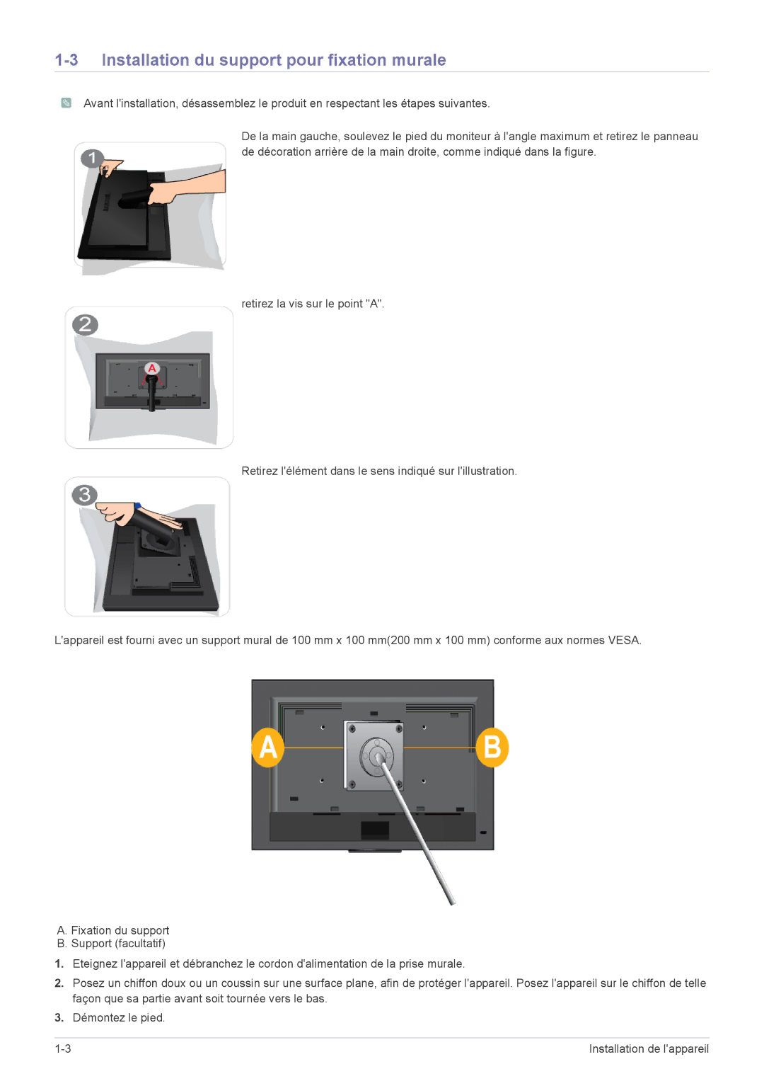 Samsung LS23NVTABW/EN, LS20NVTABW/ZA, LS23NVTABW/ZA, LS20NVTABW/EN manual Installation du support pour fixation murale 