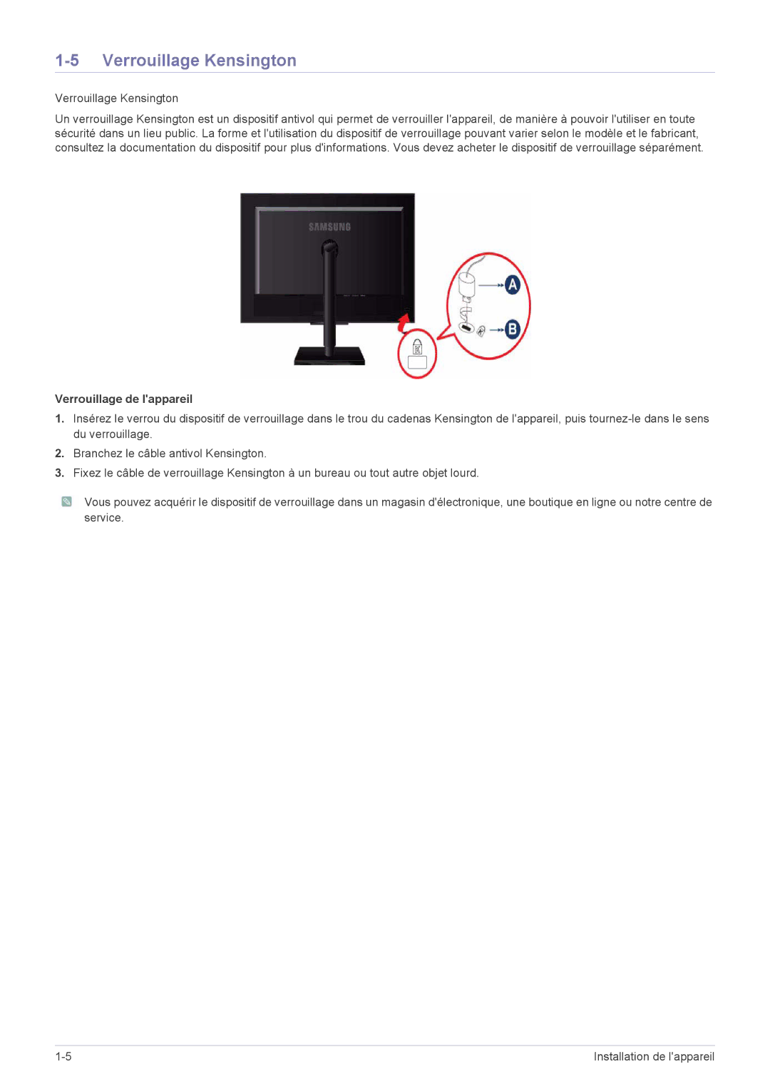 Samsung LS23NVTABW/EN, LS20NVTABW/ZA, LS23NVTABW/ZA, LS20NVTABW/EN manual Verrouillage Kensington 