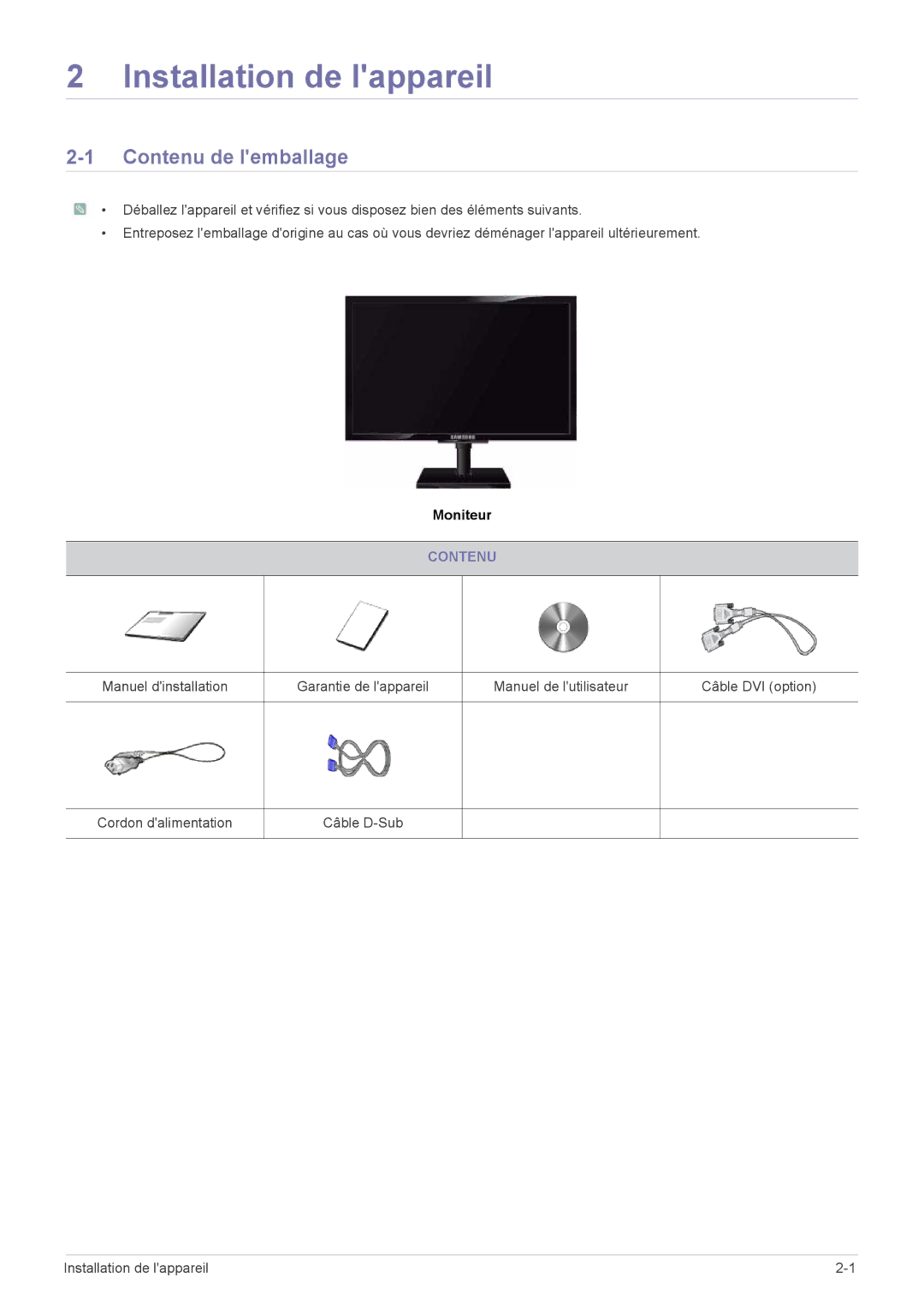 Samsung LS23NVTABW/EN, LS20NVTABW/ZA, LS23NVTABW/ZA, LS20NVTABW/EN manual Installation de lappareil, Contenu de lemballage 