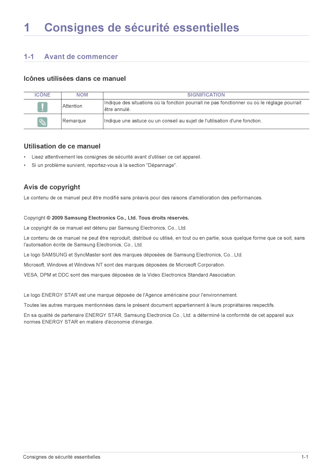 Samsung LS23NVTABW/EN manual Consignes de sécurité essentielles, Avant de commencer, Icônes utilisées dans ce manuel 