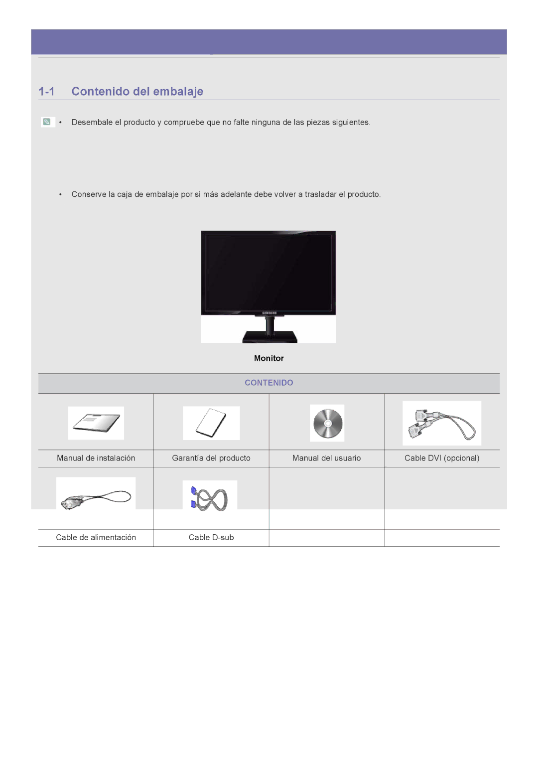 Samsung LS23NVTABW/ZA, LS20NVTABW/ZA, LS23NVTABW/EN, LS20NVTABW/EN manual Contenido del embalaje 