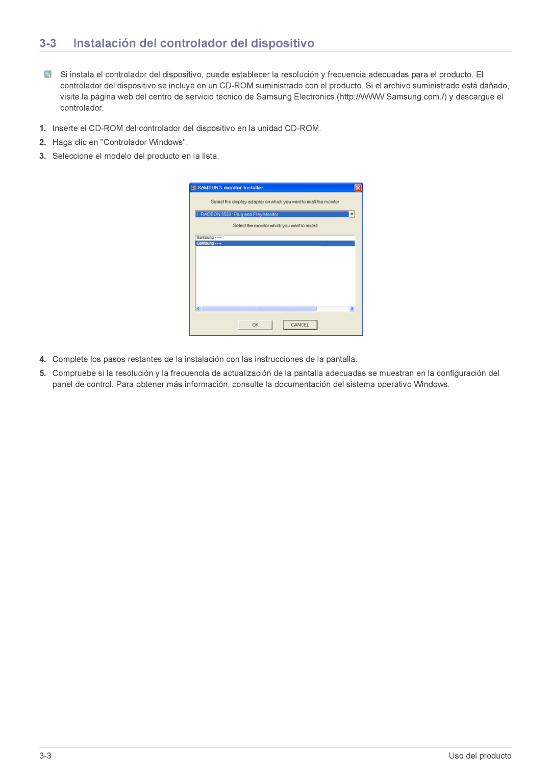 Samsung LS20NVTABW/ZA, LS23NVTABW/EN, LS23NVTABW/ZA, LS20NVTABW/EN manual Instalación del controlador del dispositivo 