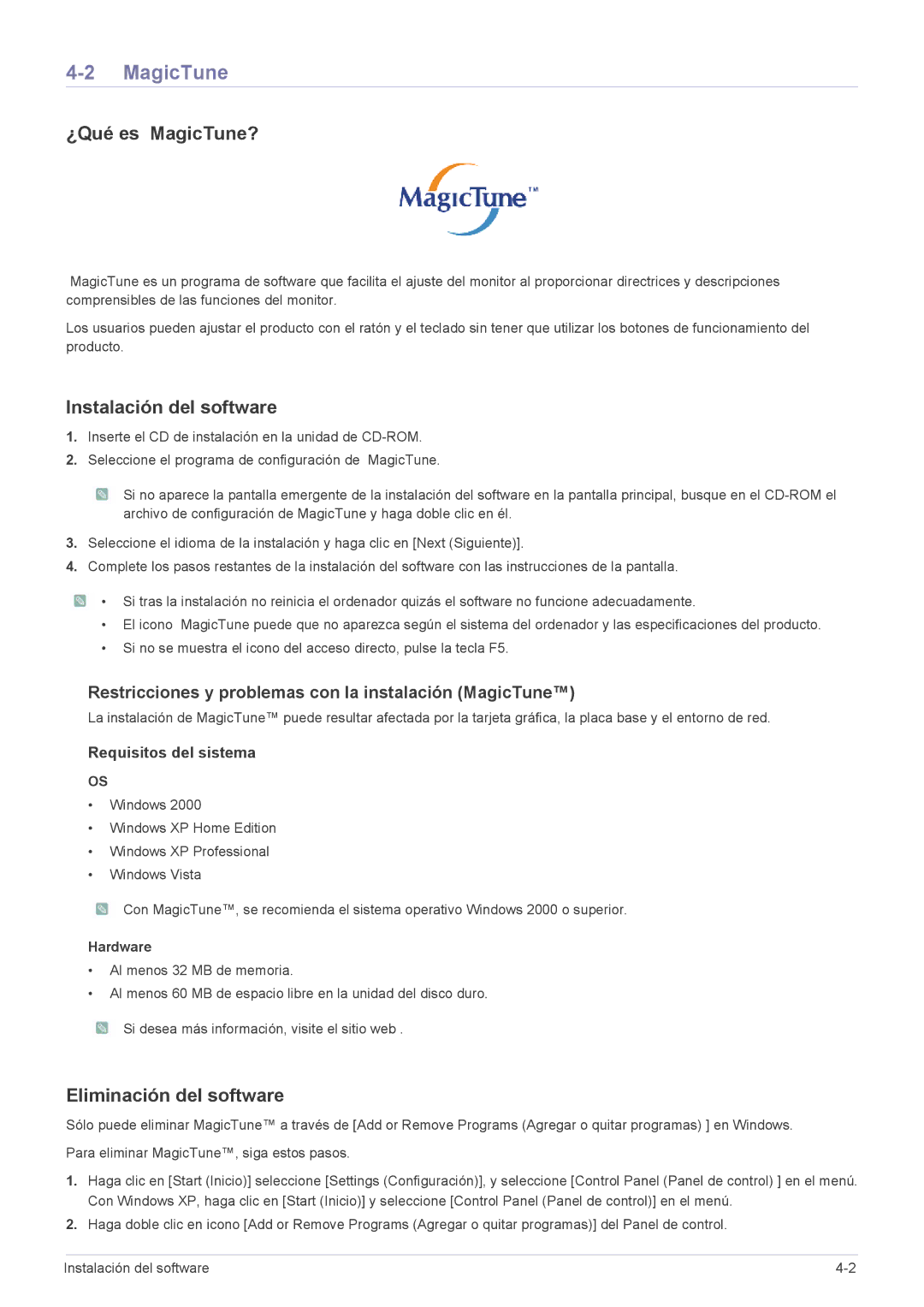 Samsung LS23NVTABW/EN, LS20NVTABW/ZA ¿Qué es MagicTune?, Instalación del software, Eliminación del software, Hardware 