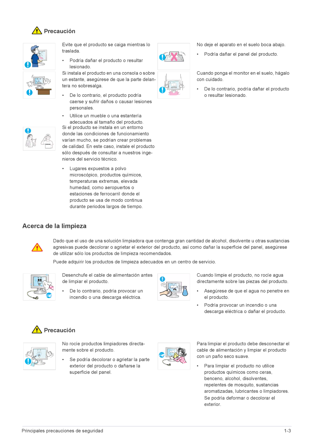 Samsung LS23NVTABW/EN, LS20NVTABW/ZA manual Acerca de la limpieza, Asegúrese de que el agua no penetre en el producto 