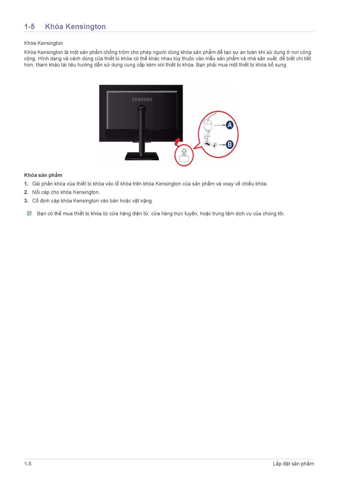 Samsung LS23NVTABW/EN, LS20NVTABW/ZA manual Khóa Kensington, Khóa sản phẩm 