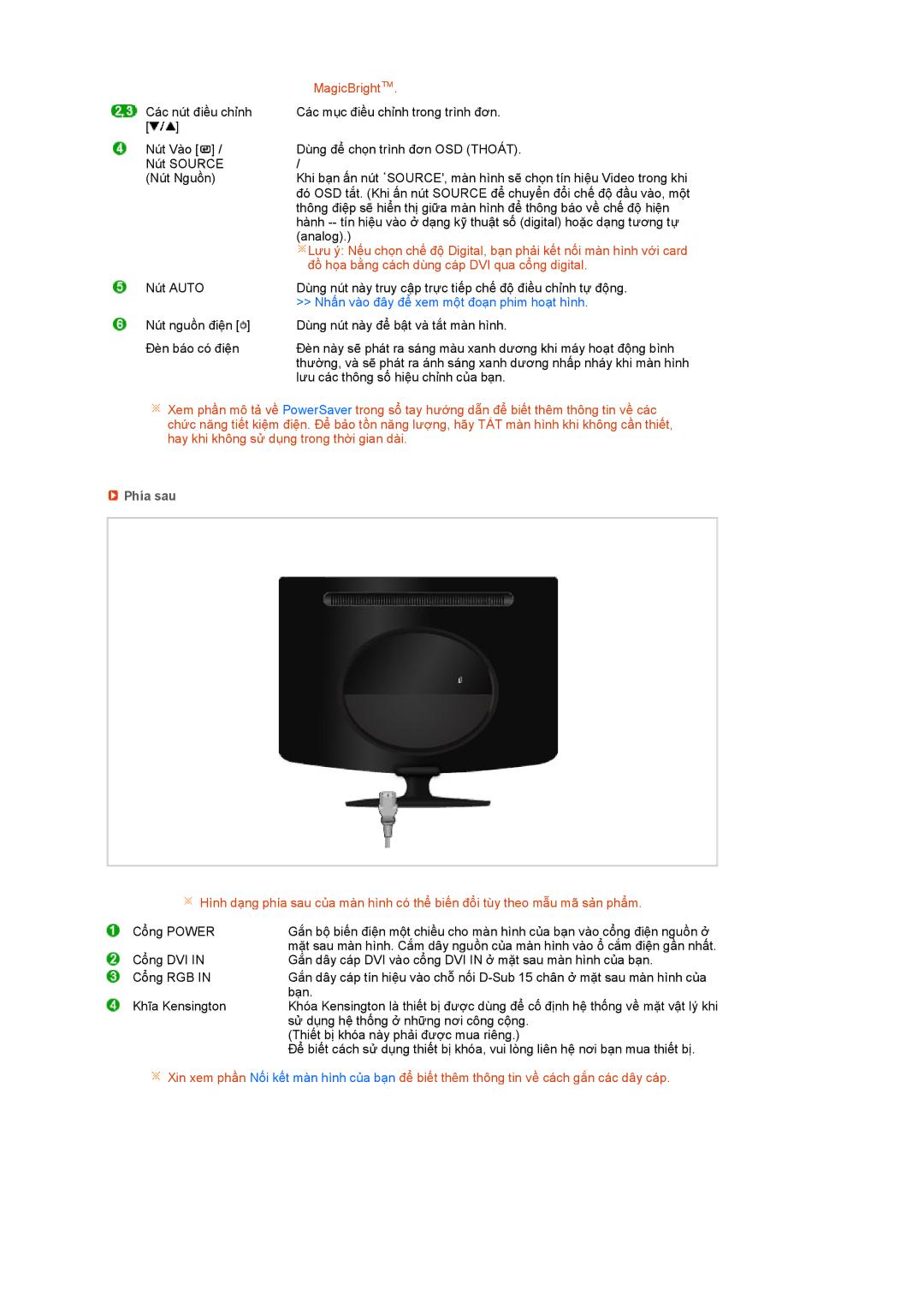 Samsung LS22PEBSFV/XSS, LS20PEBSFV/XSV, LS22PEBSFV/XSV manual MagicBright, Phía sau 