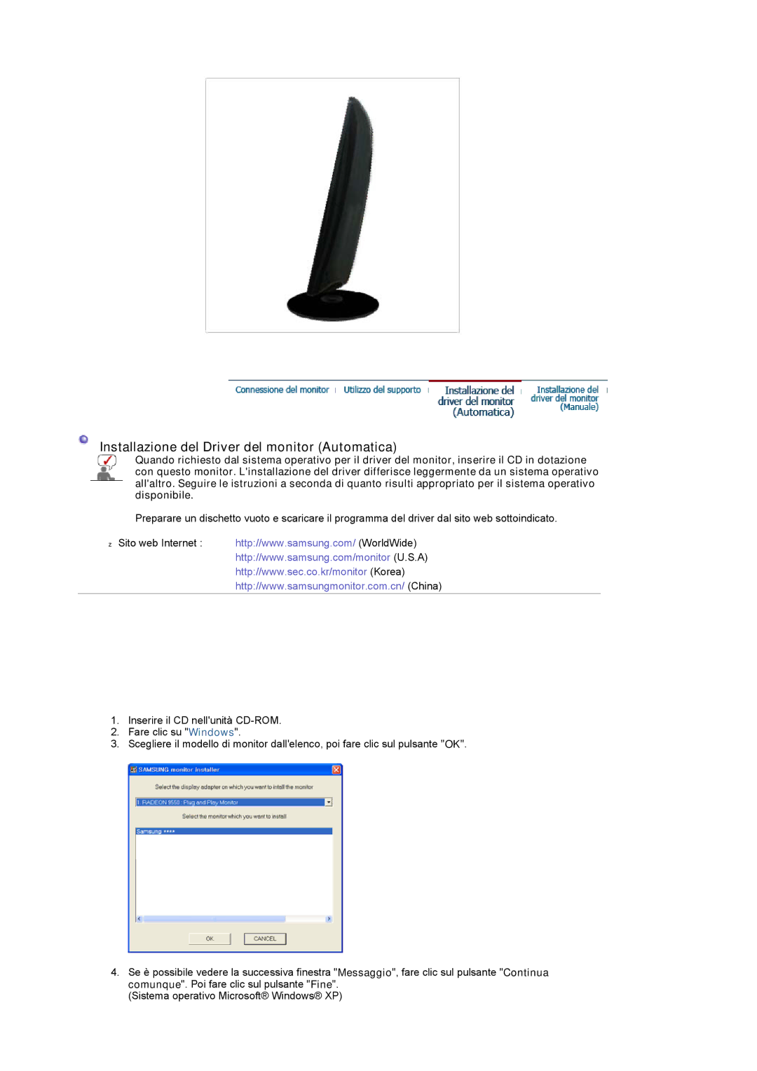 Samsung LS20PMASF/EDC, LS19PMASF/EDC, LS19PMASF6/EDC, LS20PMASF6/EDC manual Installazione del Driver del monitor Automatica 