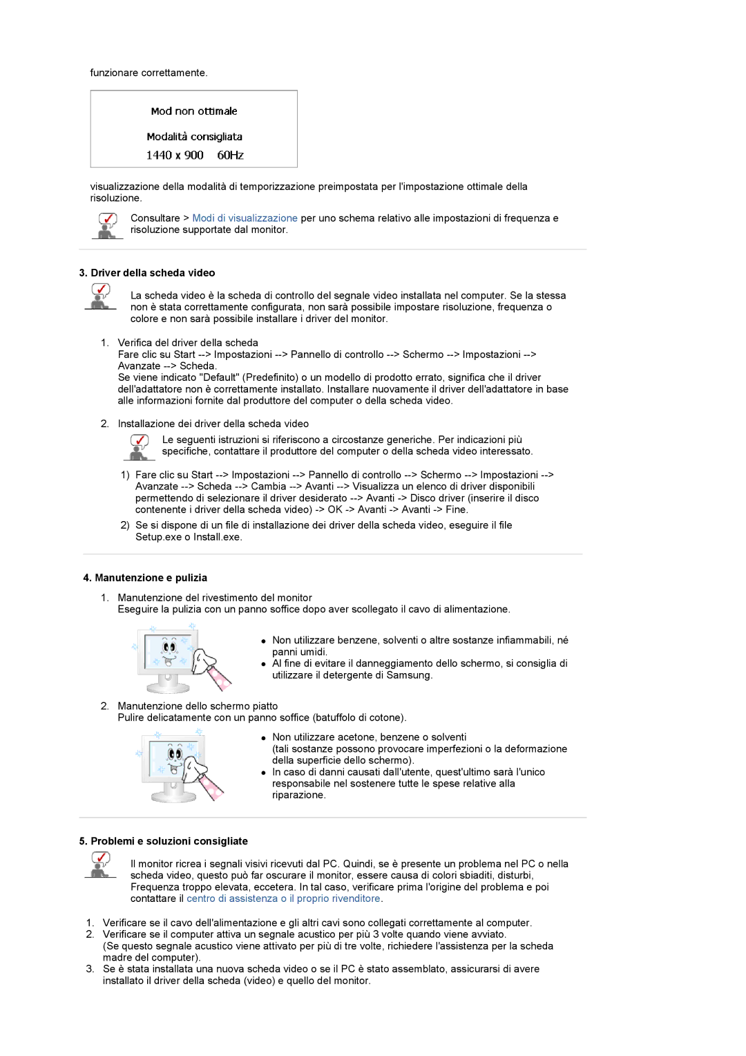 Samsung LS20PMASFZ/EDC, LS20PMASF/EDC Driver della scheda video, Manutenzione e pulizia, Problemi e soluzioni consigliate 