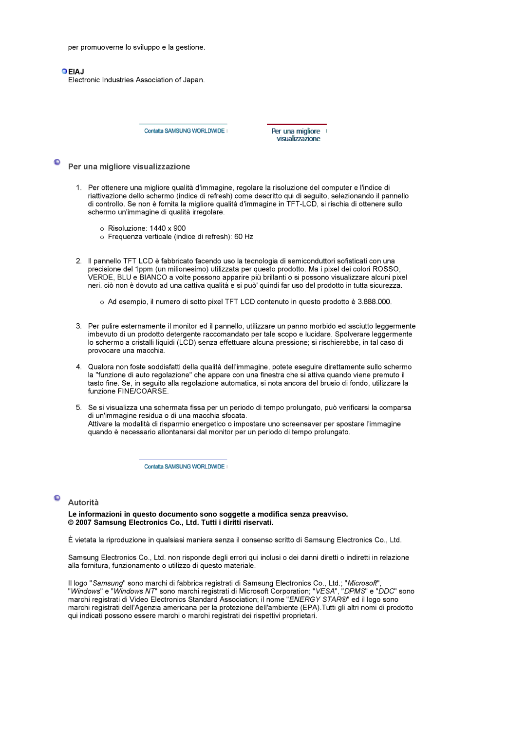 Samsung LS20PMASF/EDC, LS19PMASF/EDC, LS19PMASF6/EDC, LS20PMASF6/EDC manual Per una migliore visualizzazione, Autorità 